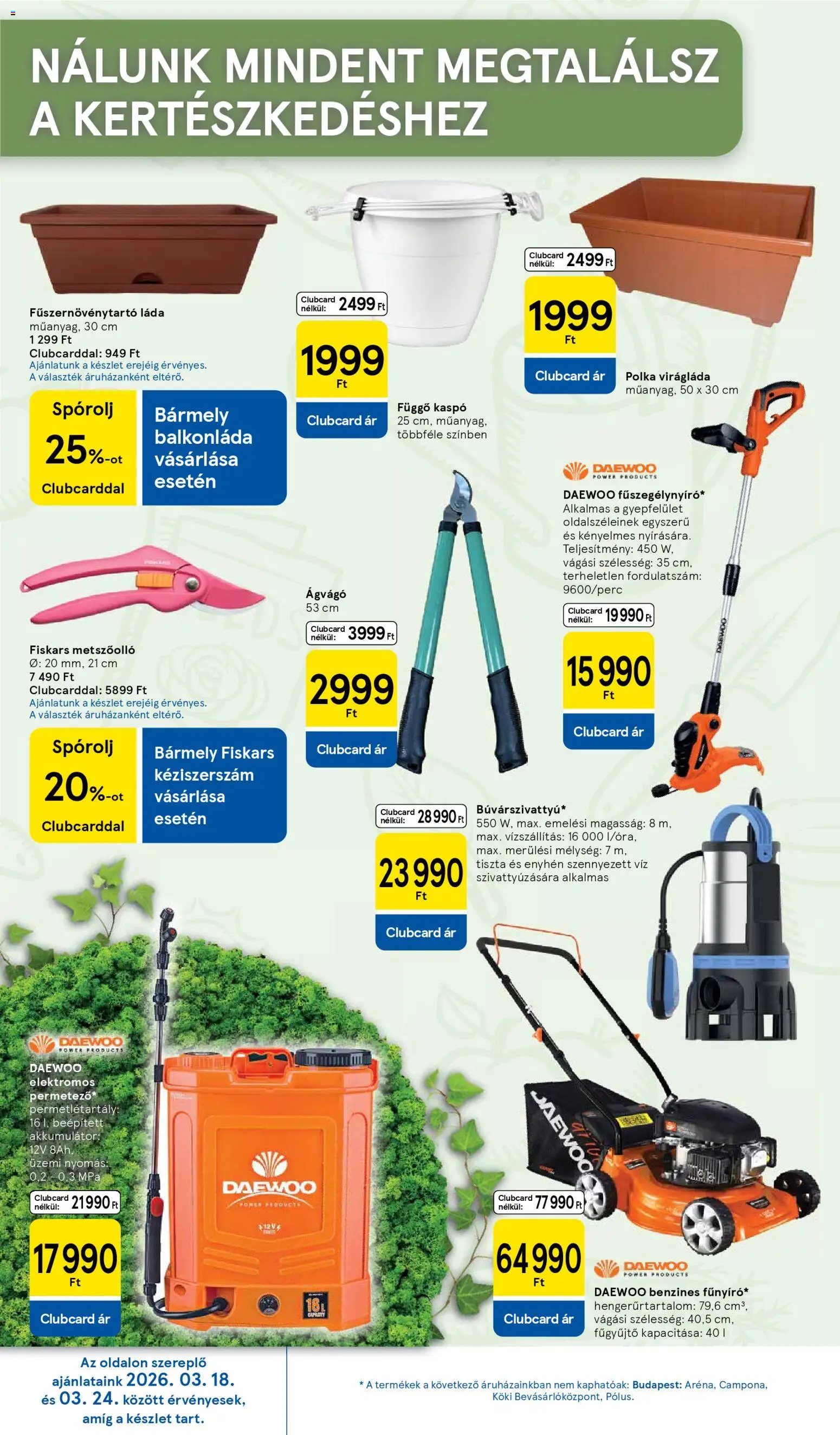 Tesco akciós ujság - amely érvényes a következő dátumtól: 19.03.2026 | Oldal: 34 | Termékek: Balkonláda, Kaspó, Metszőolló, Ágvágó