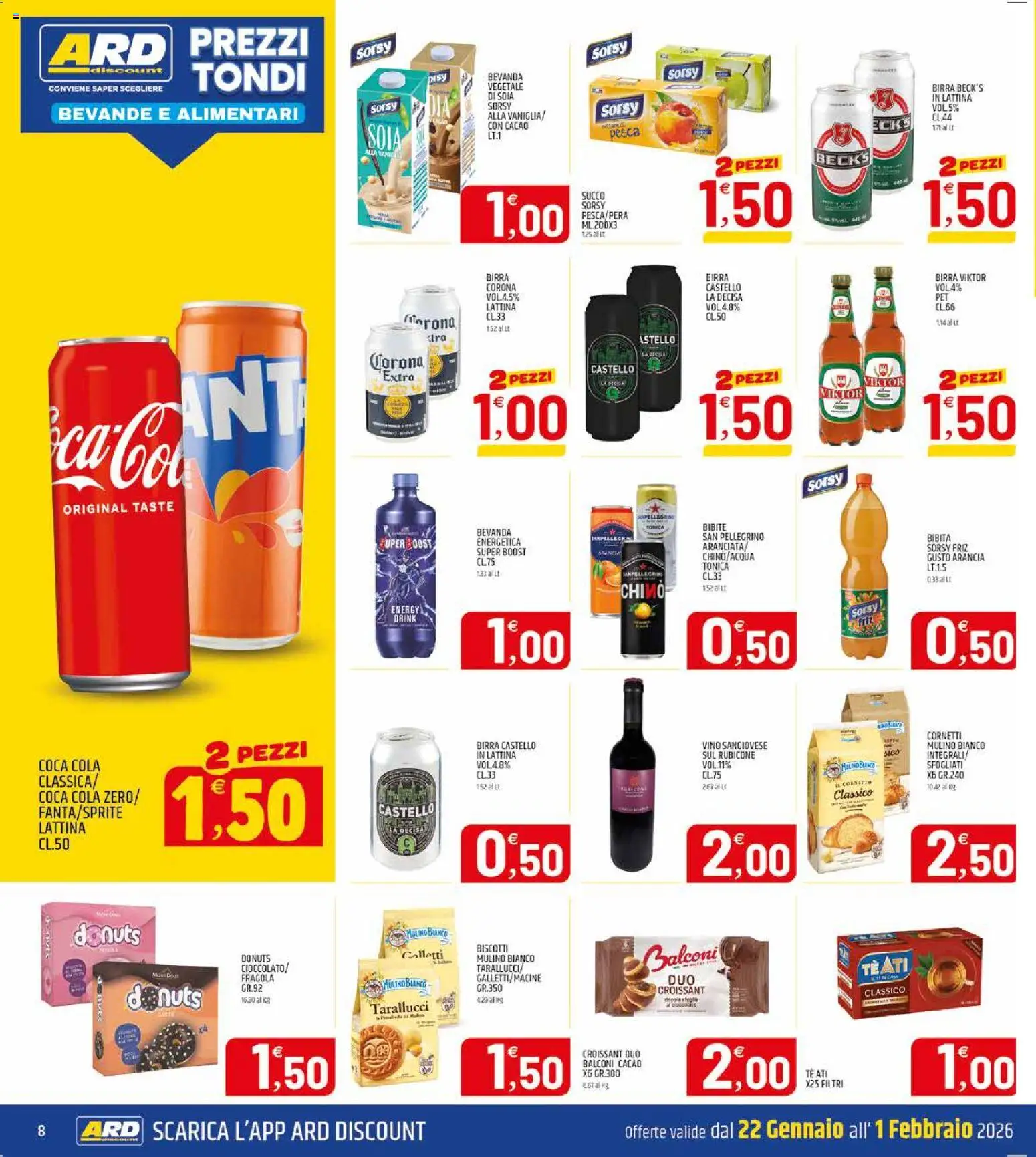 Volantino ARD Discount del 20.01.2026 | Pagina: 8 | Prodotti: Bibite, Bibita, Croissant, Coca Cola