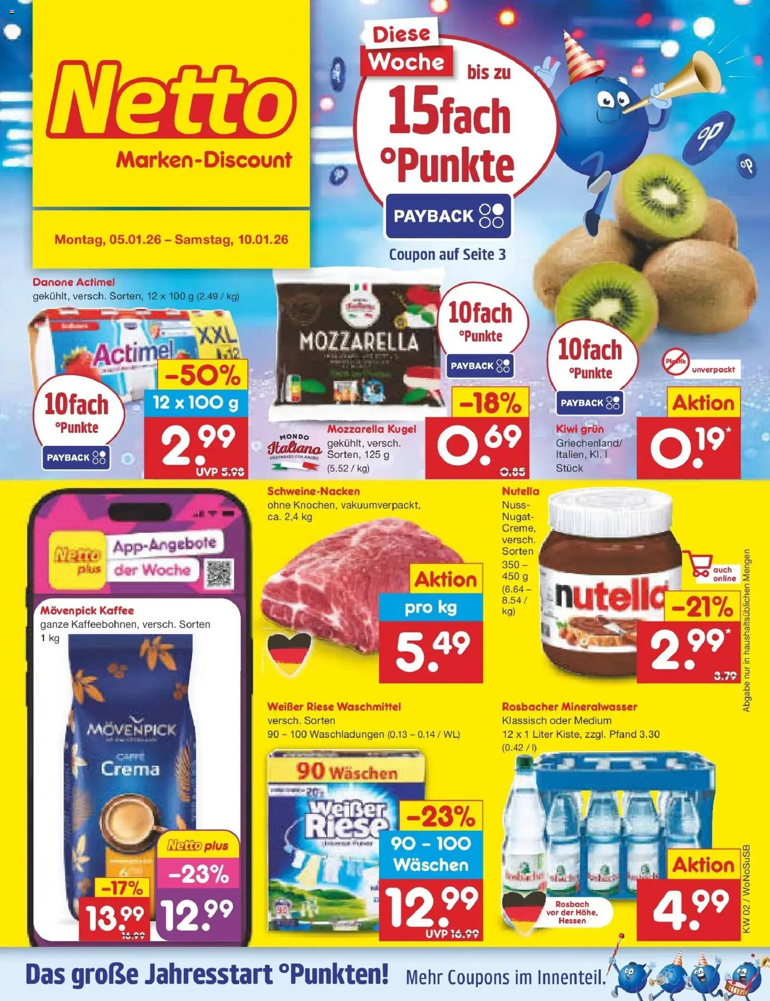 Netto Marken-Discount prospekt Rodgau	 – gültig ab 05.01.2026 | Seite: 1 | Produkte: Actimel, Kaffee, Mineralwasser, Nutella