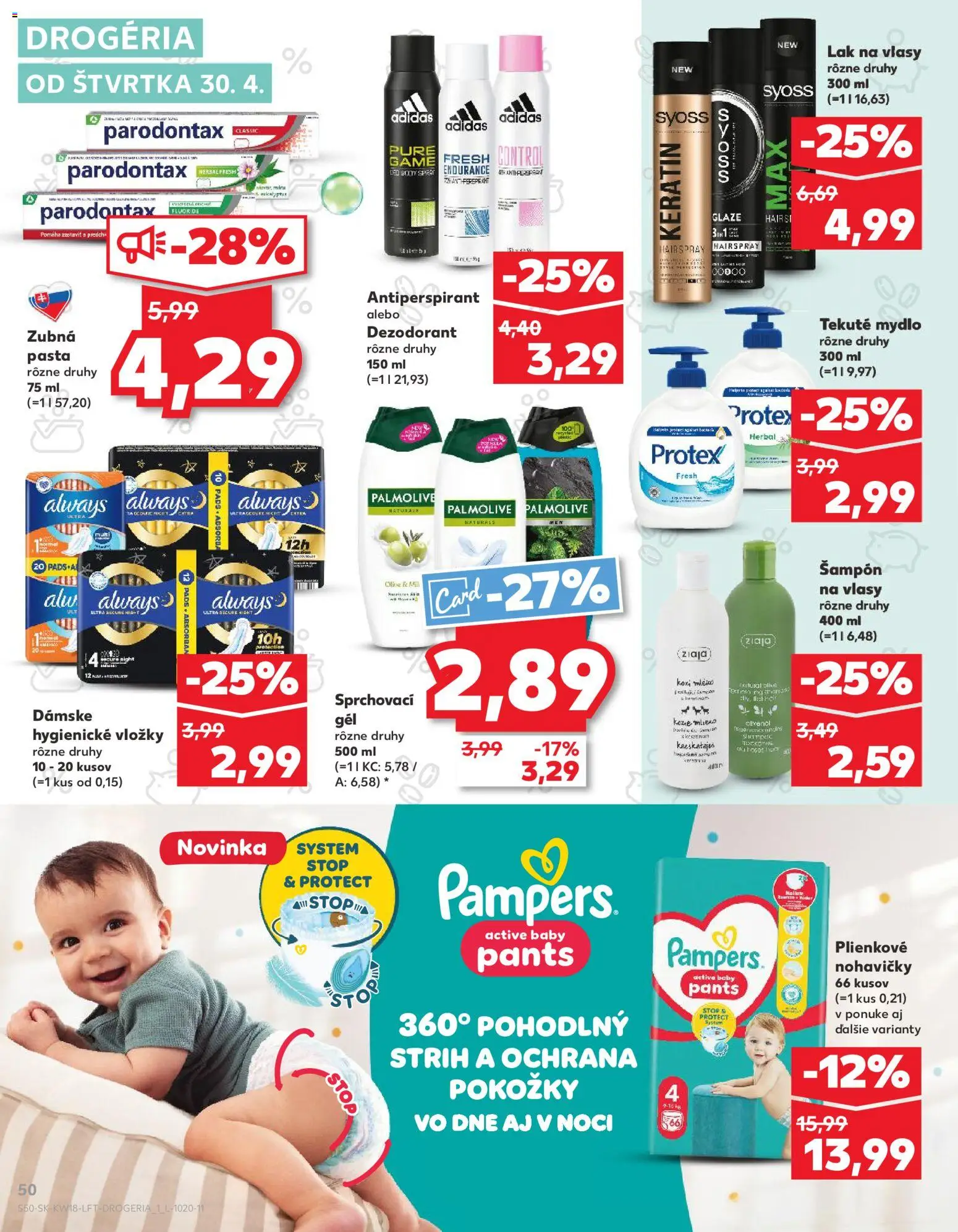 Nové Kaufland akcie – leták je platný od 30.04.2026 | Strana: 50 | Produkty: Mlieko, Lak na vlasy, Zubná pasta, Pampers