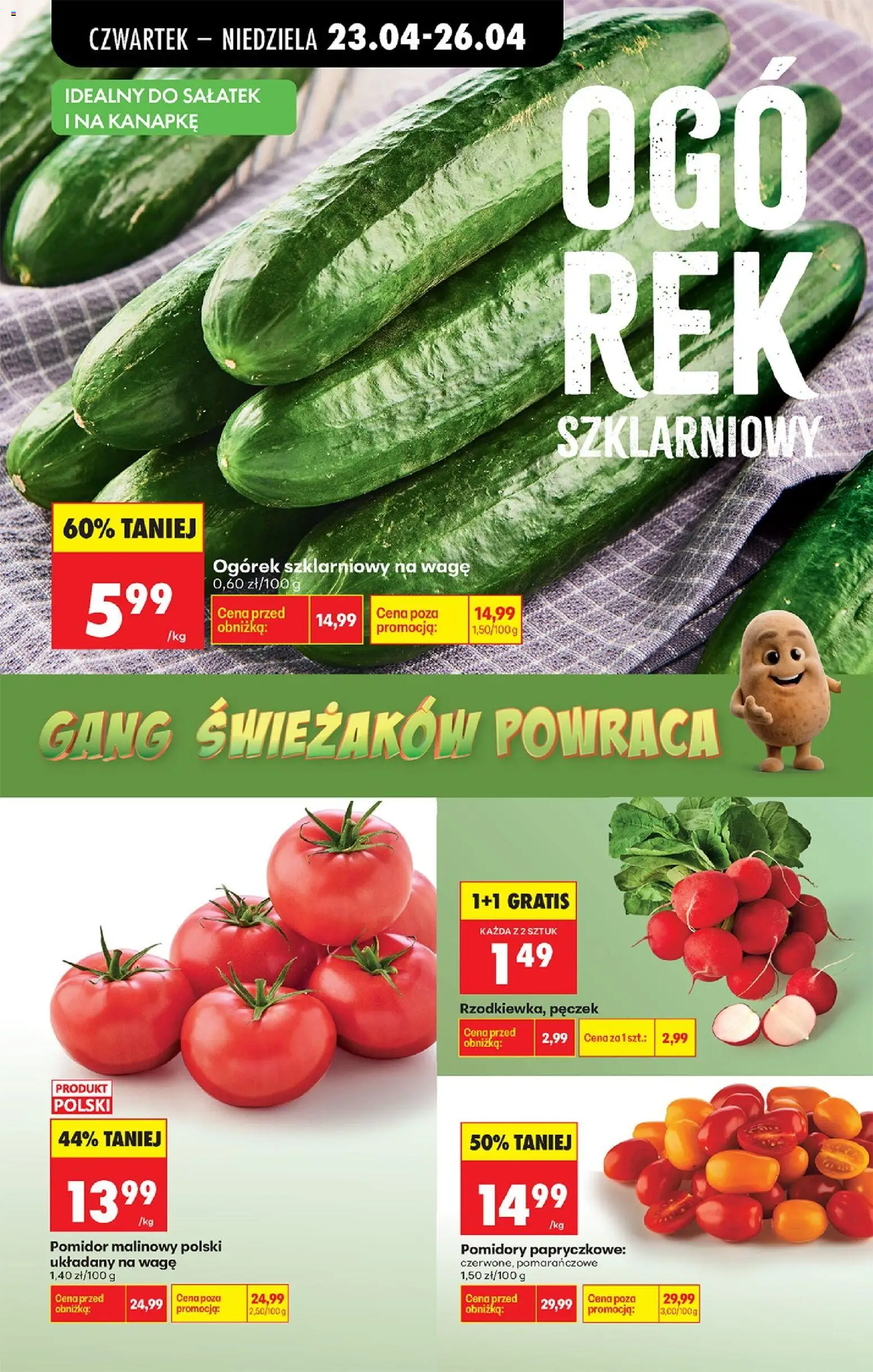 Biedronka gazetka od czwartku od 23.04.2026 | Strona: 36 | Produkty: Pomidor malinowy, Pomidory, Ogórek szklarniowy, Pomidory papryczkowe