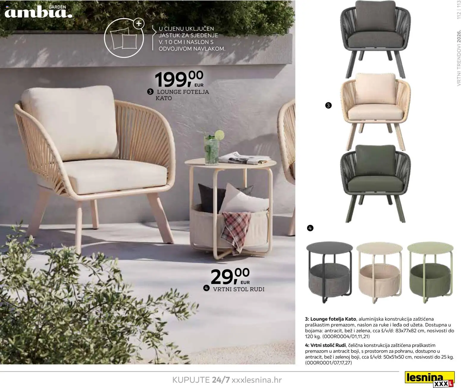 Lesnina katalog | vrijedi od 06.02.2026 | Stranica: 113 | Proizvodi: Jastuk, Fotelja, Stolić, Vrtni stolić