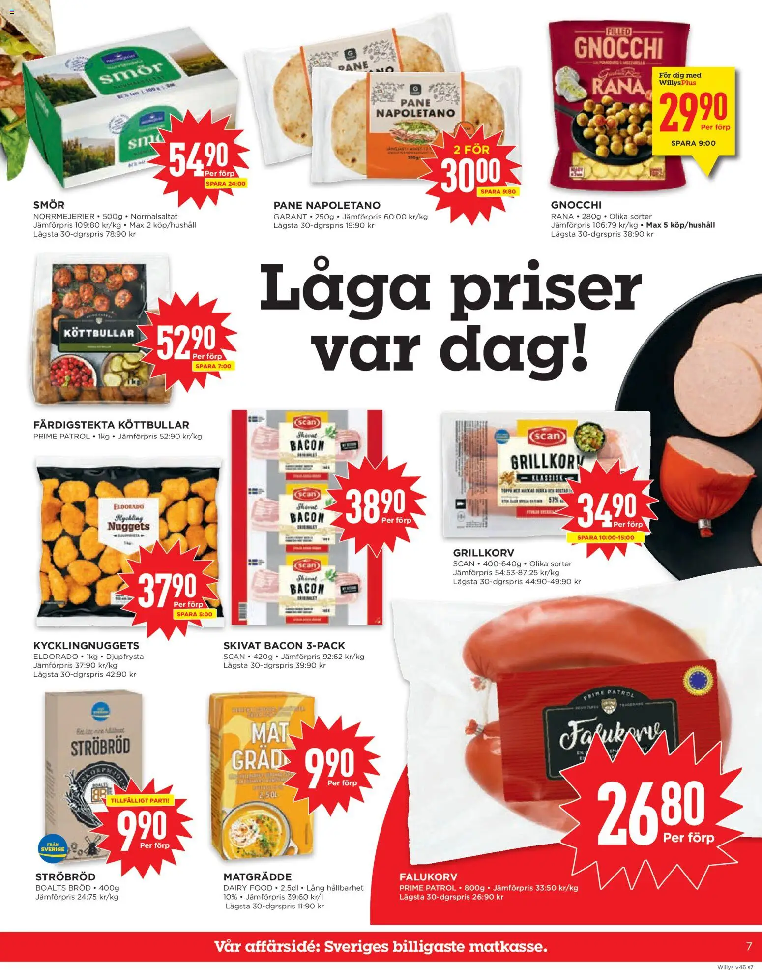 Willys reklamblad aktuell från 10.11.2025 | Sida: 7 | Produkter: Köttbullar, Bacon, Falukorv, Smör