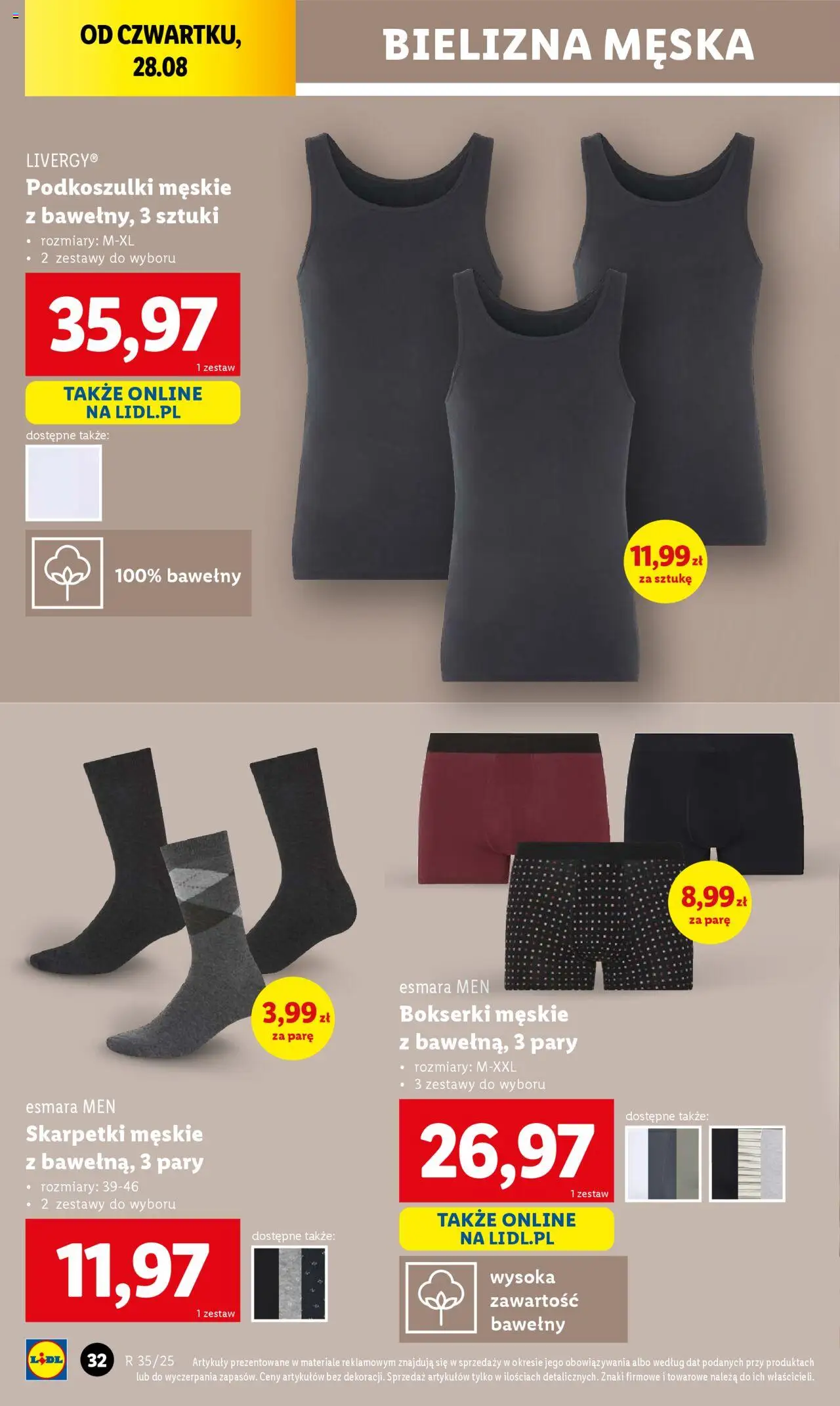 Lidl Katalog od 25.08.2025 | Strona: 32 | Produkty: Bielizna, Bokserki, Skarpetki, Bokserki męskie