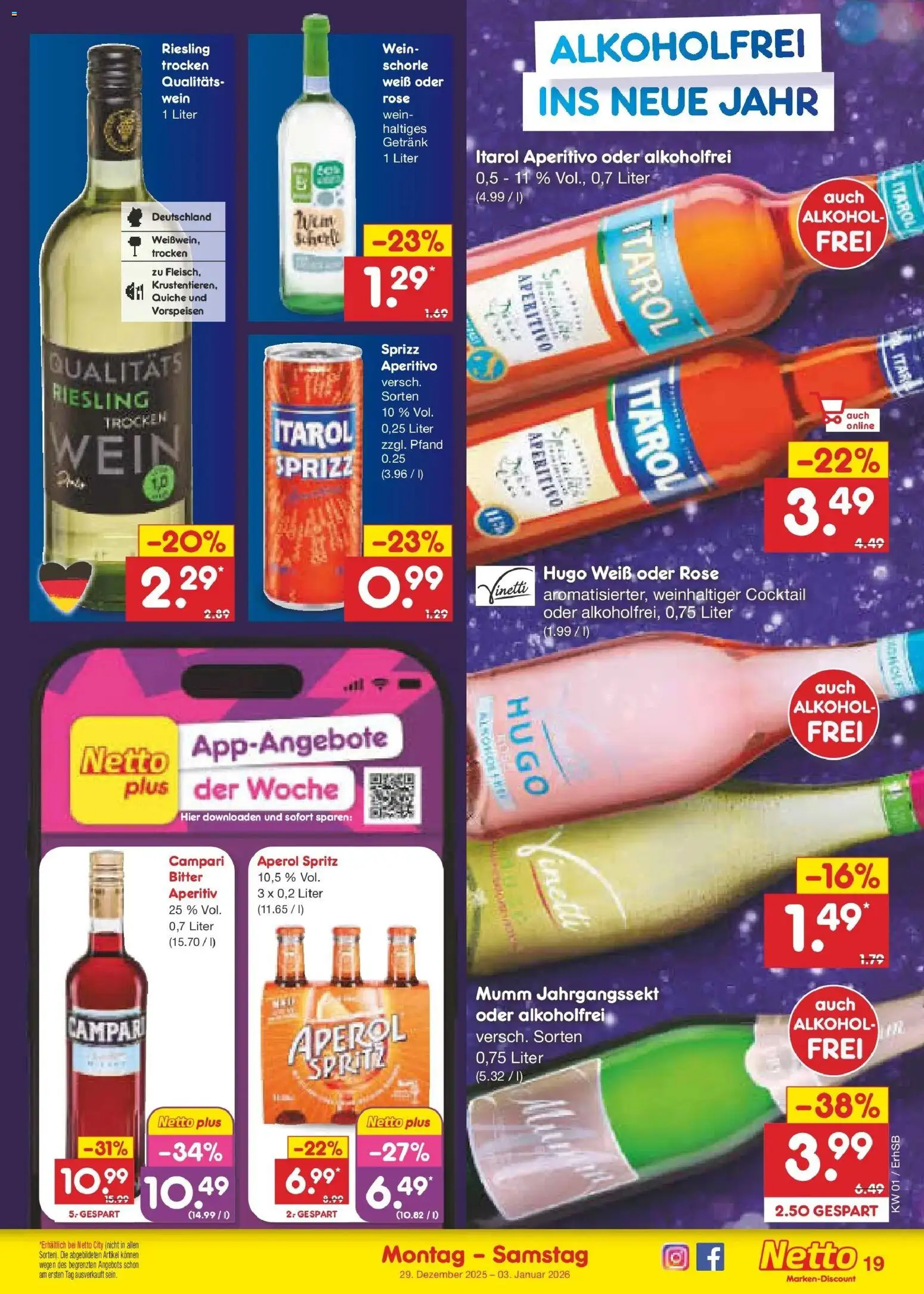 Netto Marken-Discount prospekt Metten	 – gültig ab 28.12.2025 | Seite: 19 | Produkte: Campari, Aperol, Wein, Hugo