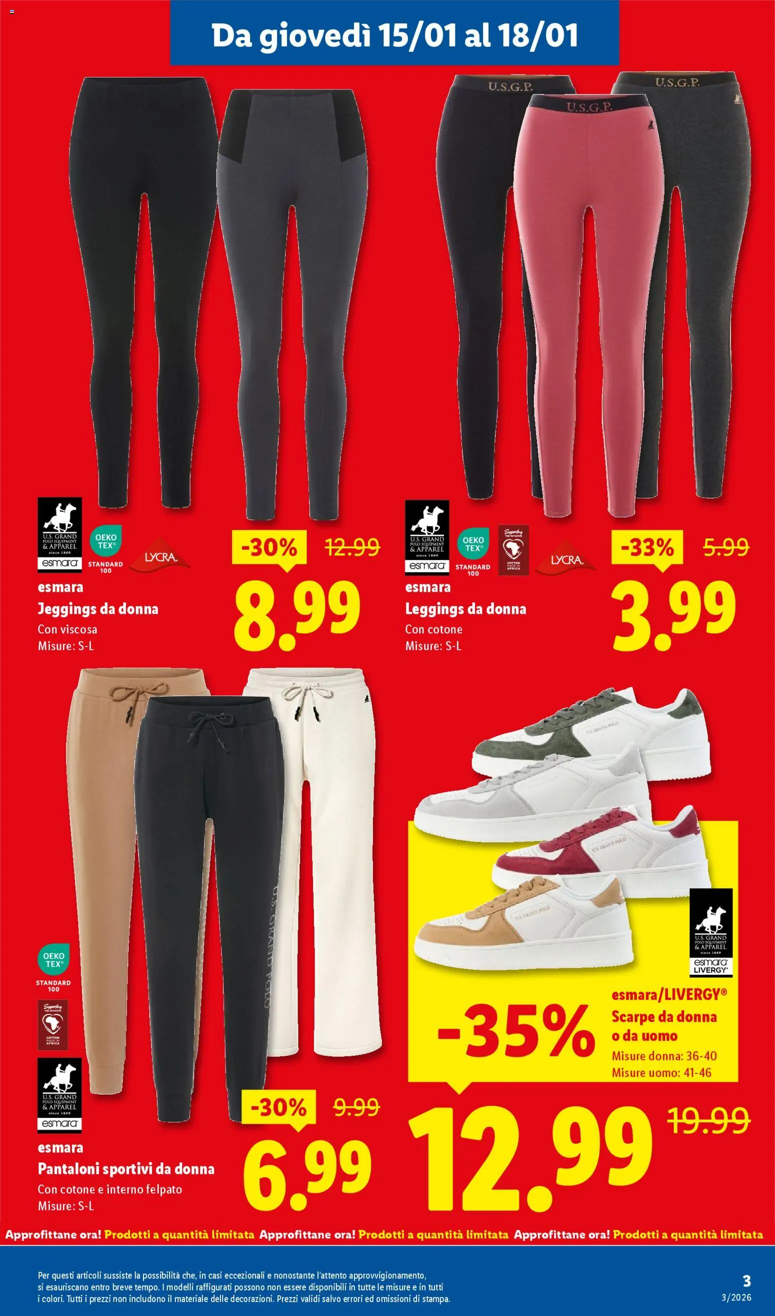 Volantino Lidl del 15.01.2026 | Pagina: 3 | Prodotti: Pantaloni, Leggings, Scarpe, Polo