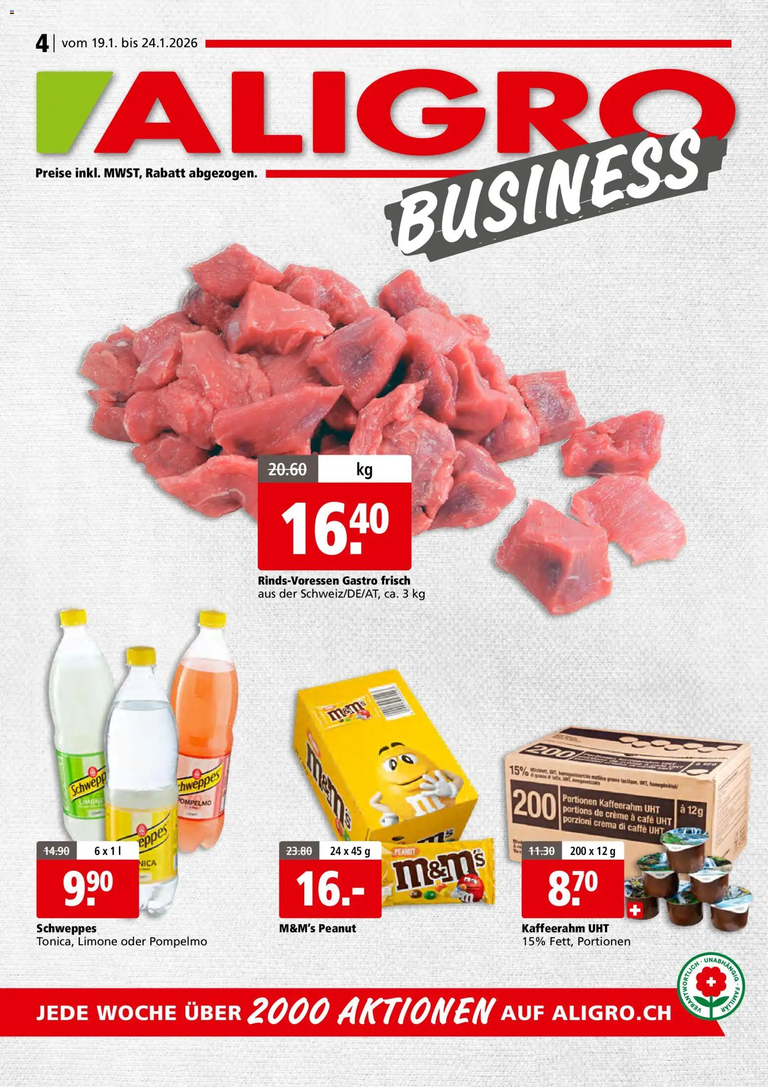 Aligro Aktionen Businesskunden - Schlieren, Gossau SG, Frauenfeld, Rapperswil-Jona, Sargans, Bern, Brüttisellen, Pratteln, Emmen, Spreitenbach – gültig ab 19.01.2026 | Seite: 1 | Produkte: Creme