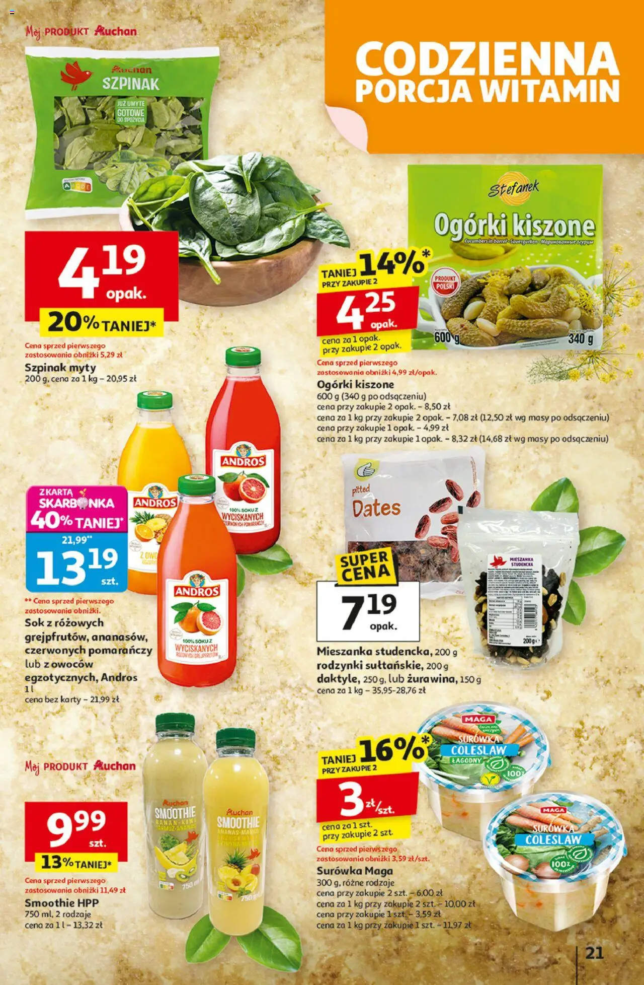 Auchan Gazetka - Wielkie przeboje cenowe Hipermarket od 23.10.2025 | Strona: 21 | Produkty: Smoothie, Szpinak, Sok, Rodzynki