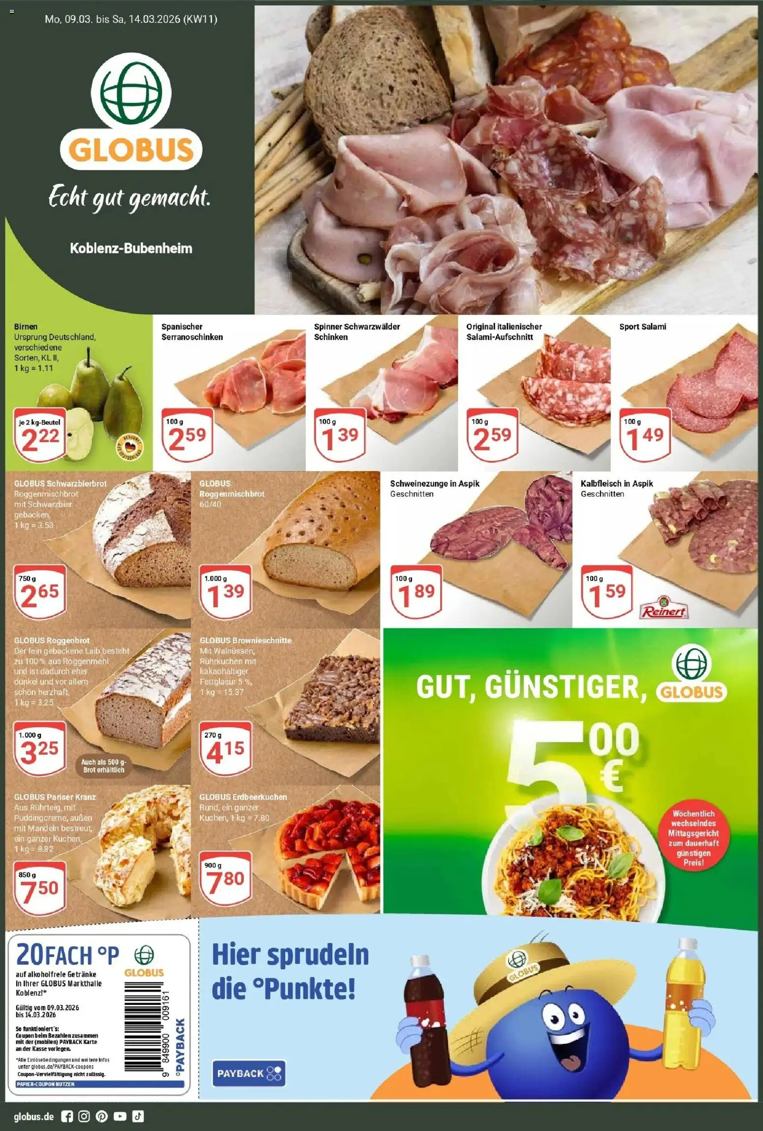 Globus prospekt Koblenz-Bubenheim	 – gültig ab 09.03.2026 | Seite: 1 | Produkte: Mandeln, Brot, Salami, Schinken