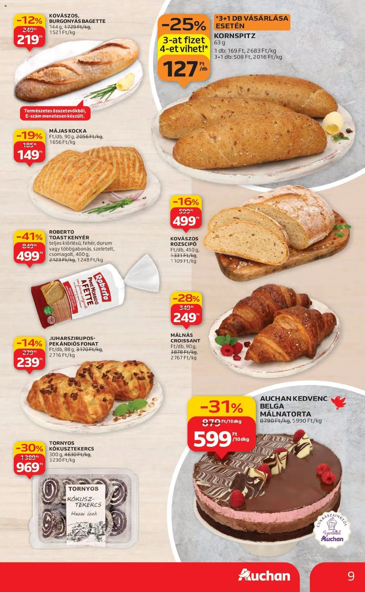 Auchan akciós ujság - amely érvényes a következő dátumtól: 29.01.2026 | Oldal: 9 | Termékek: Croissant, Kokusz, Kenyér, Toast kenyér