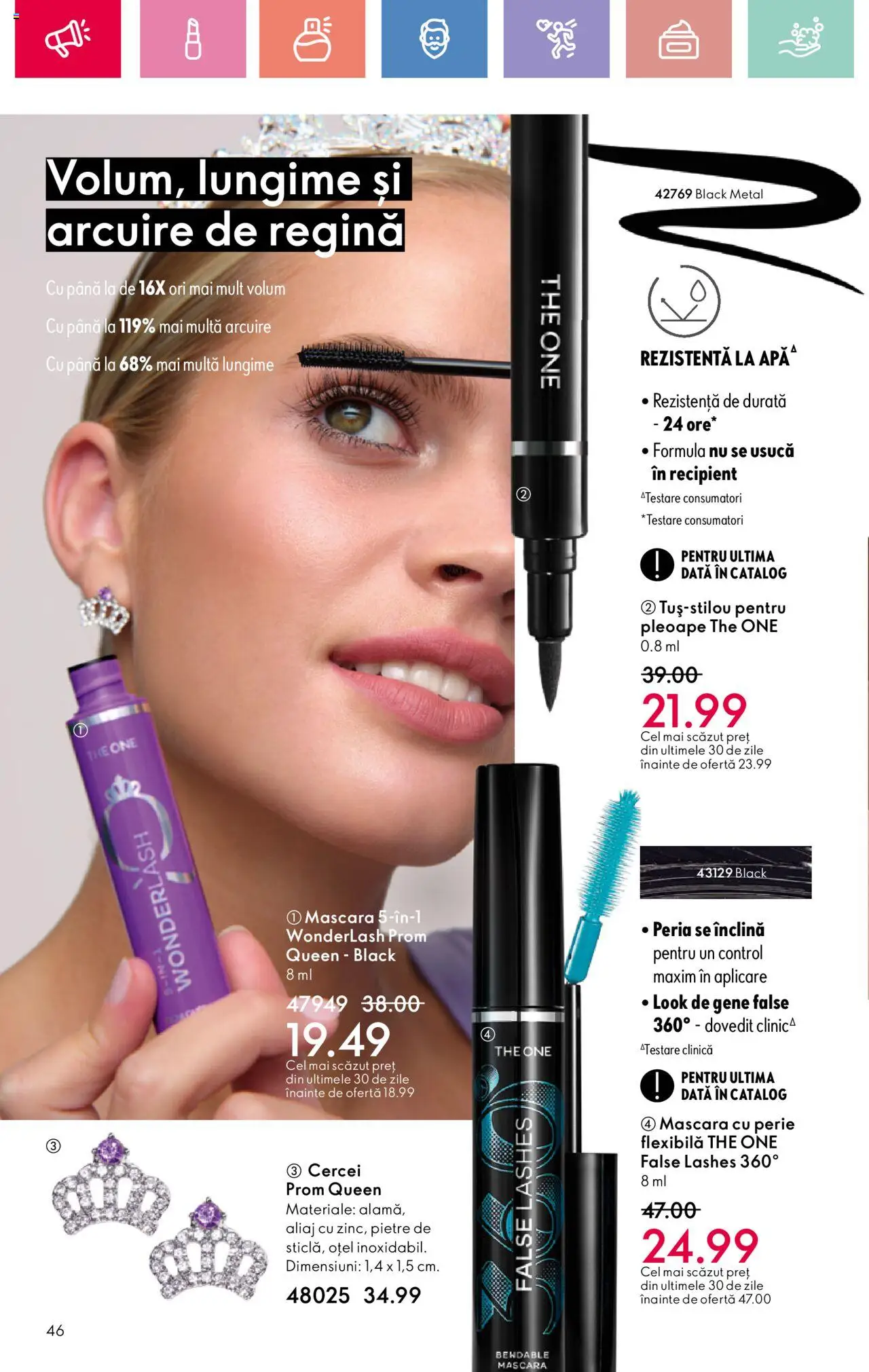 Oriflame catalog 10 2025 – valabil de la 06.07.2025 | Pagină: 46 | Produse: Cercei, Perie, Mascara, Gene false