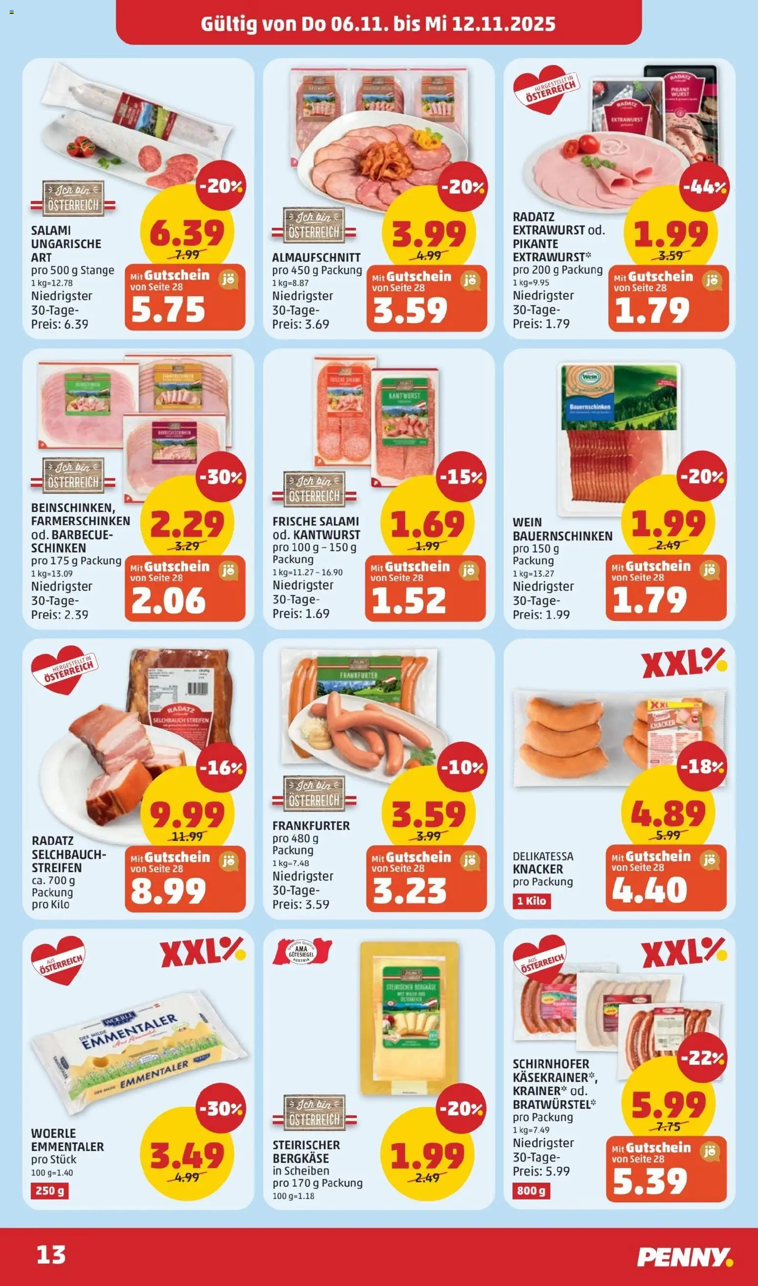 Penny Markt Flugblatt gültig ab 06.11.2025 | Seite: 13 | Produkte: Wurst, Salami, Schinken, Wein