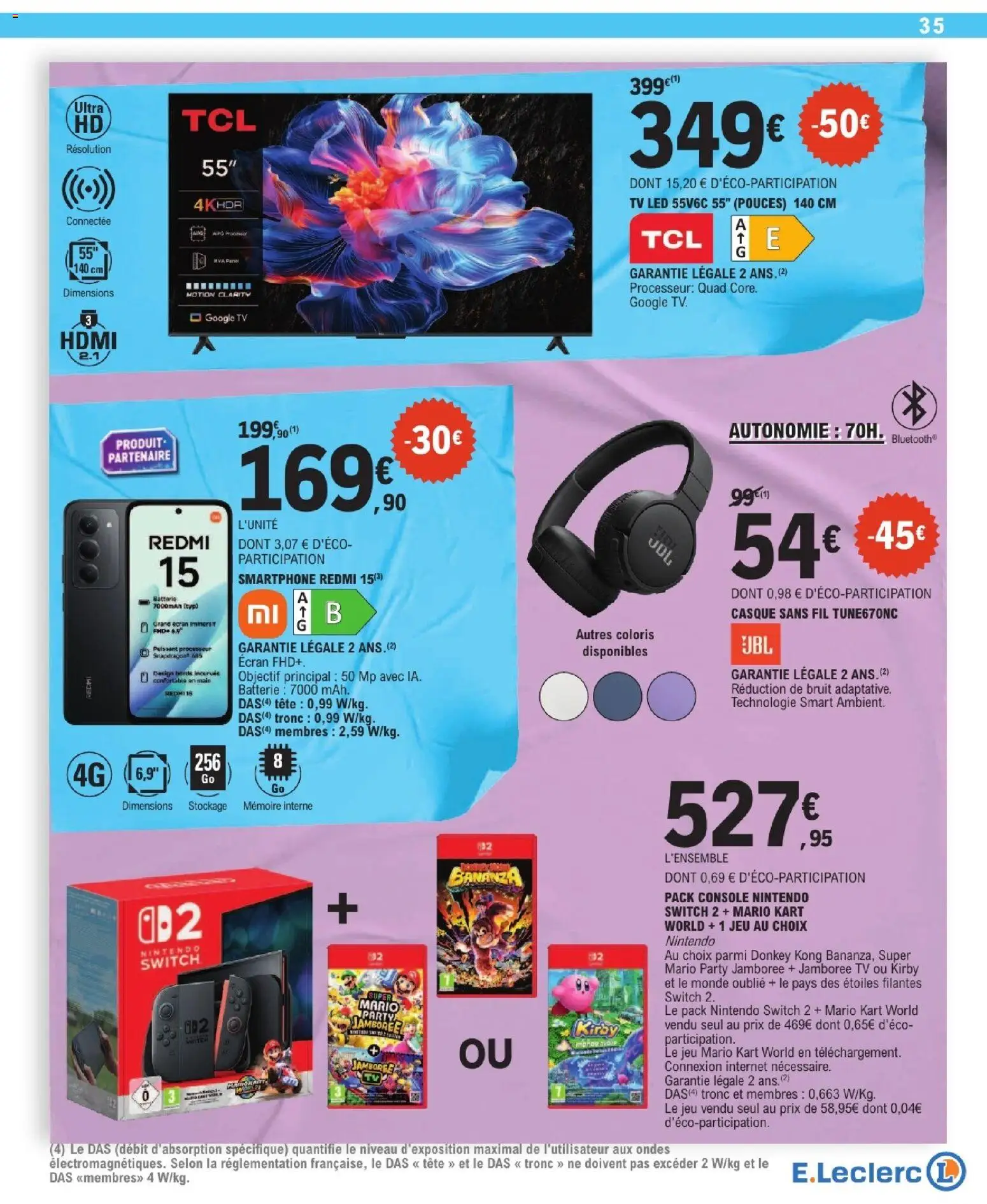 {H1} | Page: 35 | Produits: Smartphone, console Nintendo Switch, TV led, Casque
