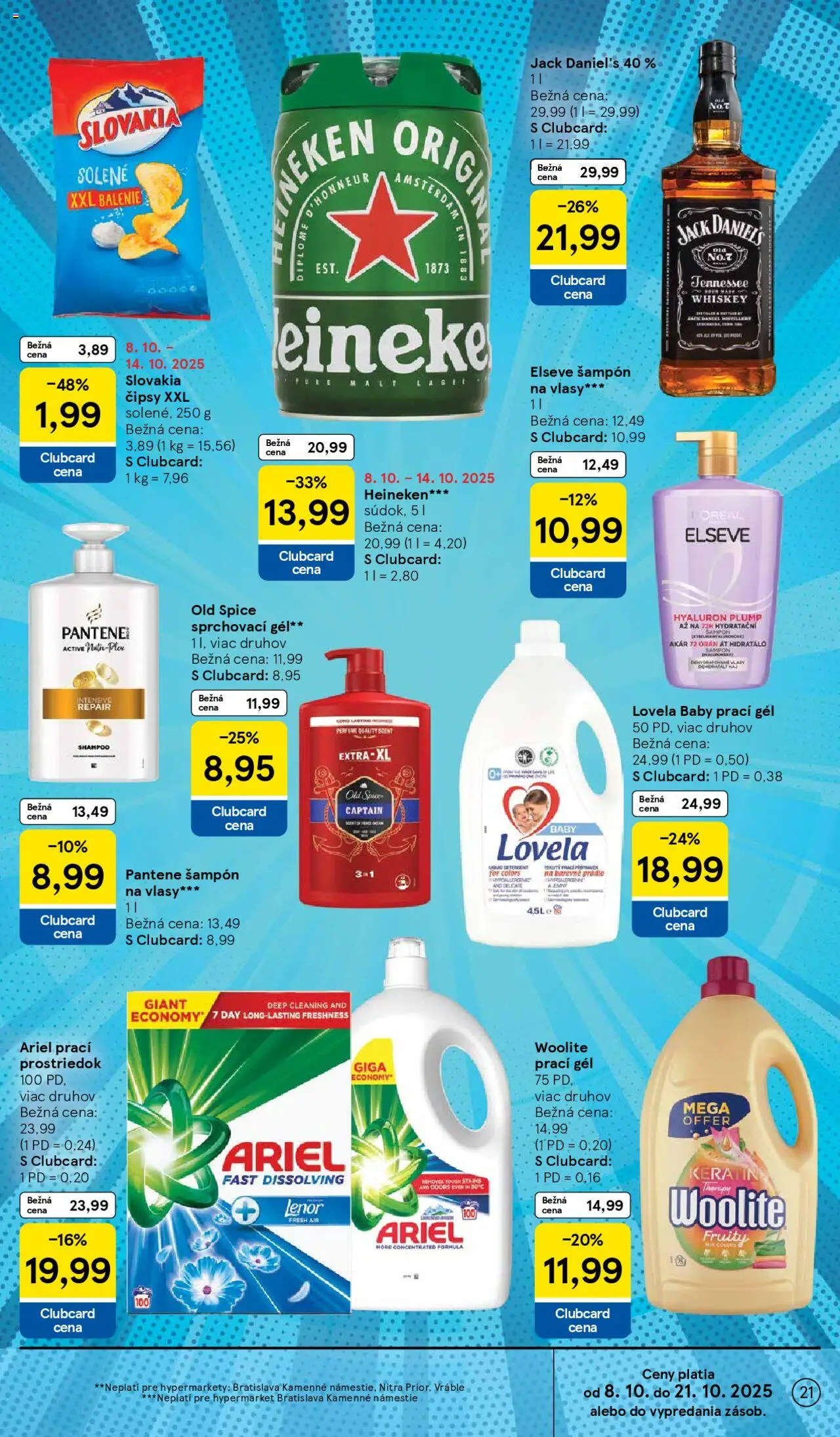 Nové Tesco akcie – leták je platný od 08.10.2025 | Strana: 21 | Produkty: Šampón, Woolite, Ariel, Jack Daniel's