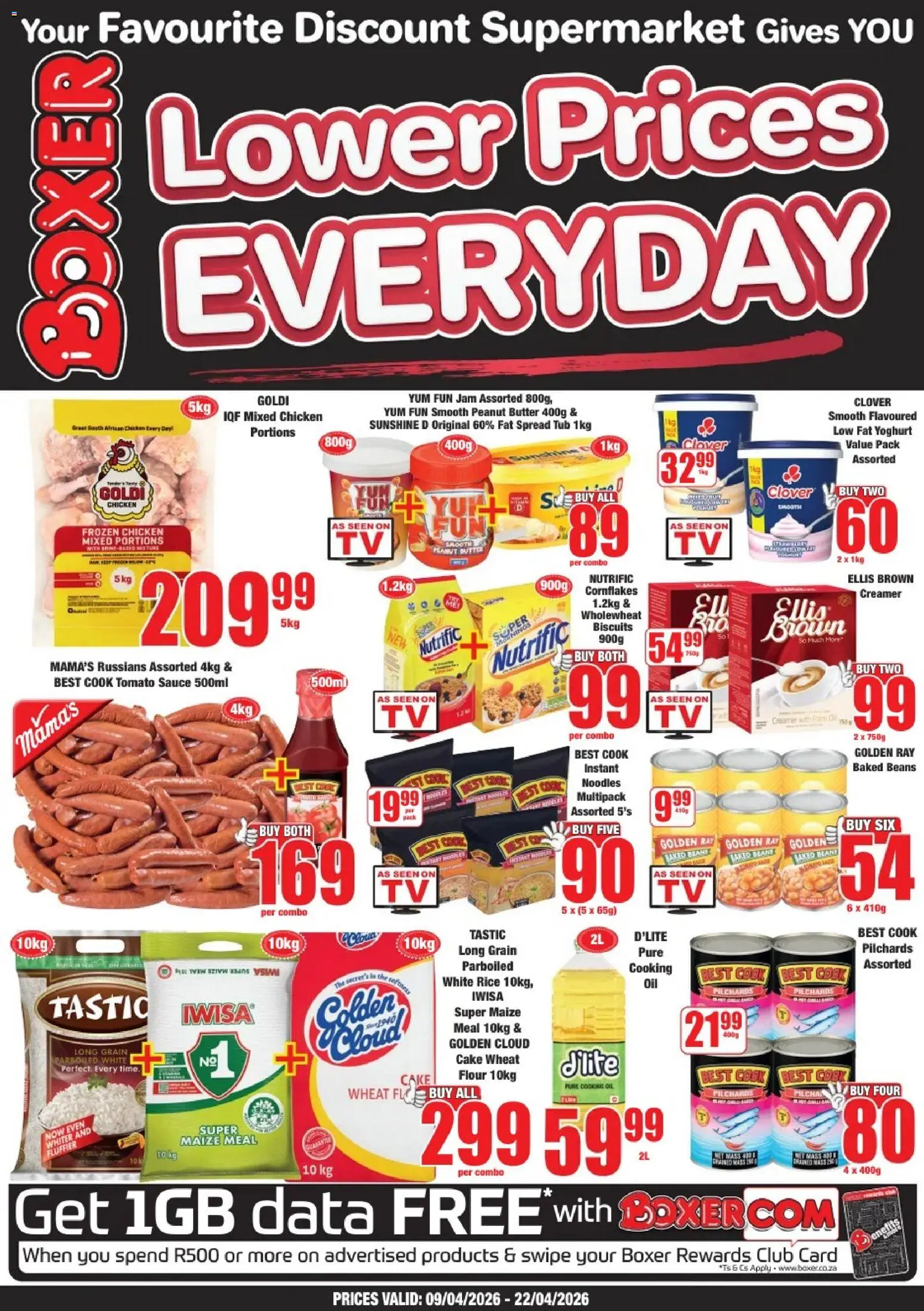 New Boxer catalogue – valid from 09.04.2026 | Page: 1 | Products: Pilchards, Yoghurt, Maize meal, Chicken