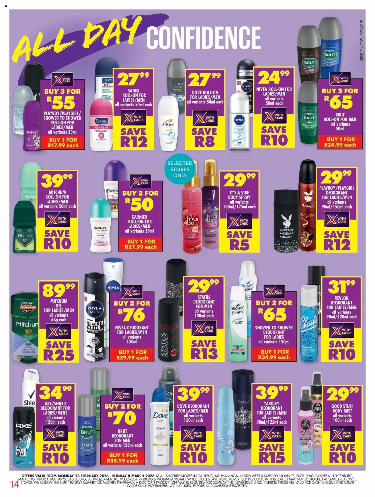 New Shoprite catalogue – valid from 23.02.2026 | Page: 14 | Products: Shower, Body spray, Powder, Deodorant