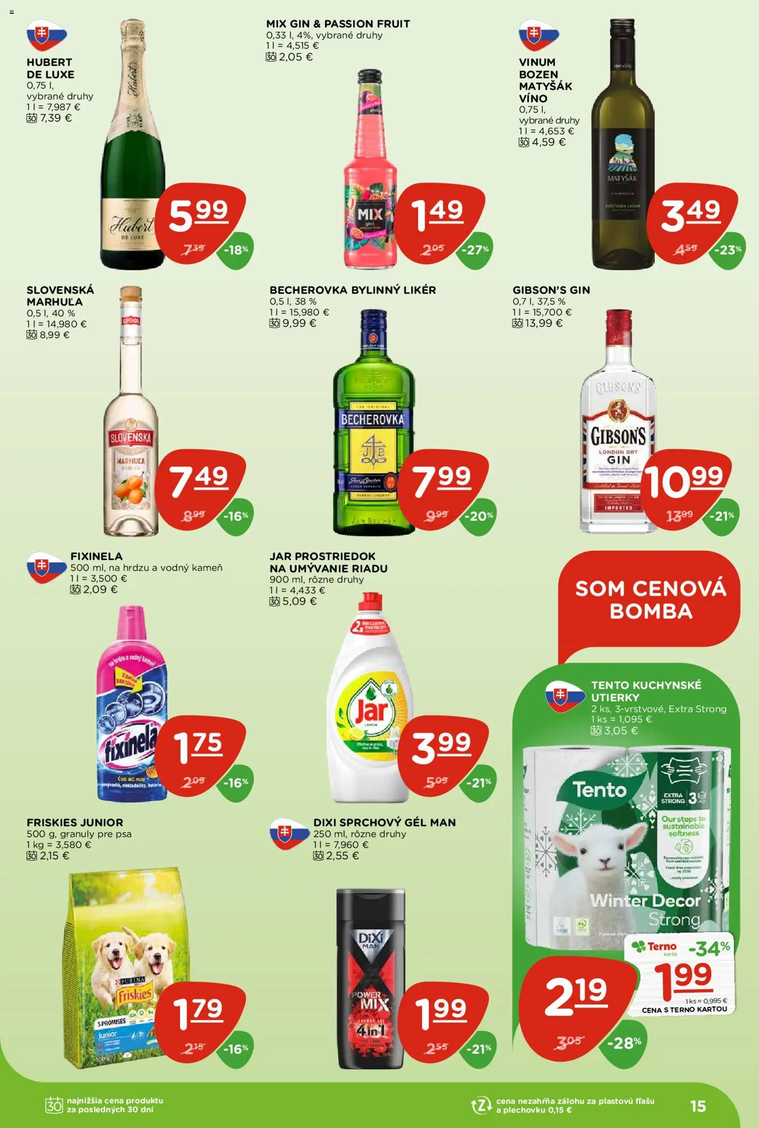 Nové Terno akcie – leták je platný od 26.02.2026 | Strana: 15 | Produkty: Becherovka, Víno, Sprchový gél, Jar