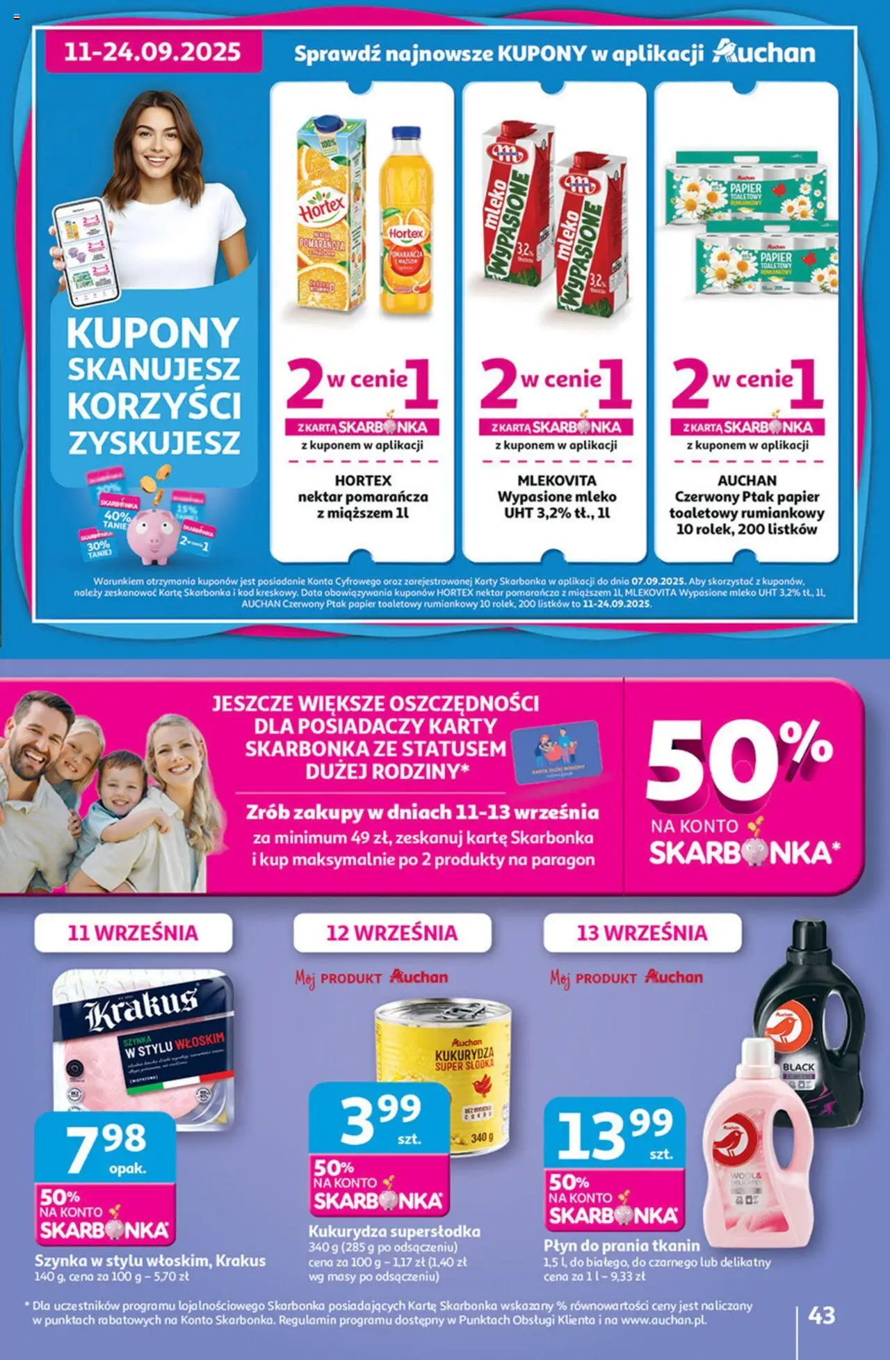 Auchan Gazetka - Pewność niskich cen Hipermarket od 11.09.2025 | Strona: 43 | Produkty: Karta, Papier toaletowy, Szynka, Mleko