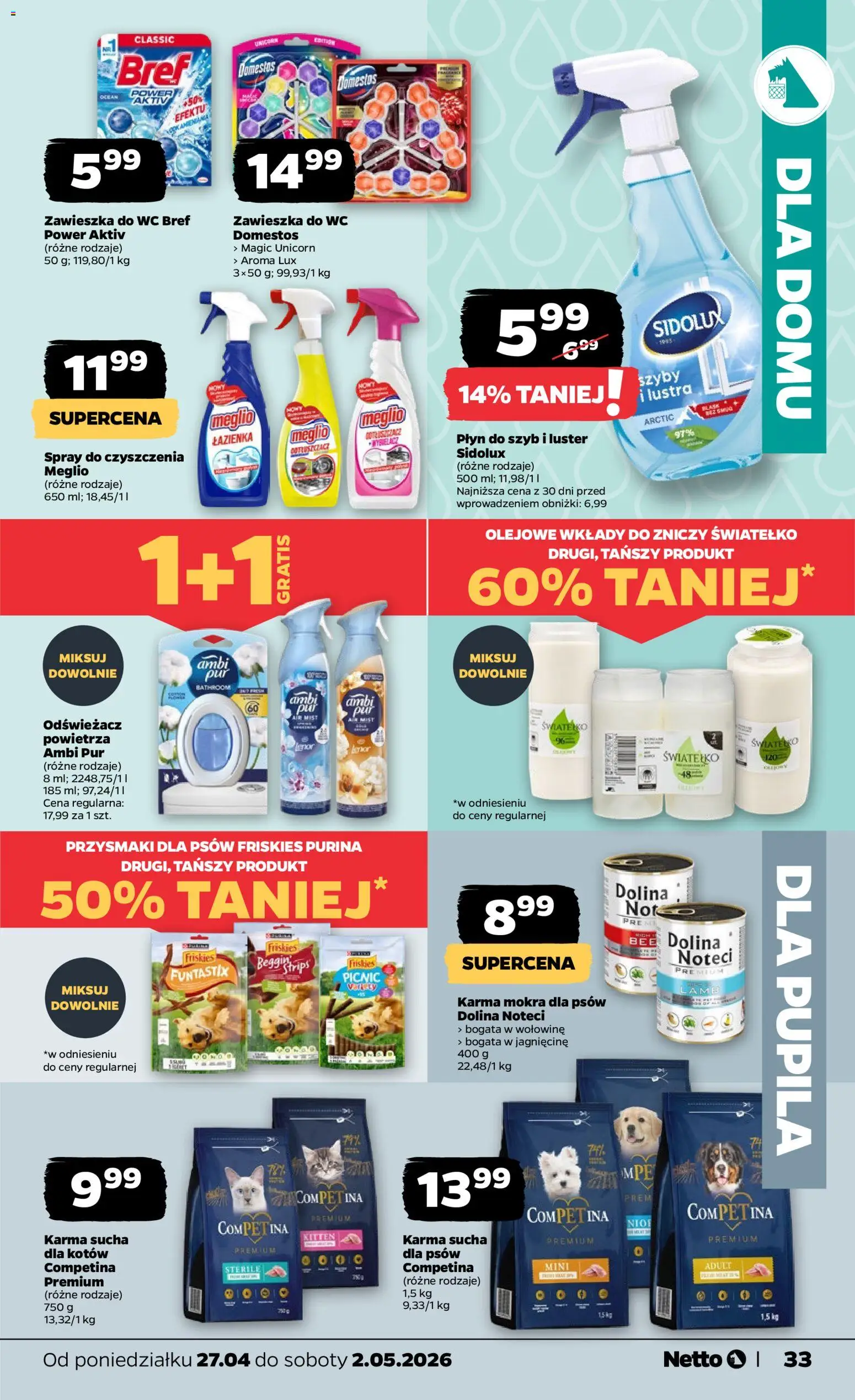 Netto gazetka od poniedziałku spożywcza od 27.04.2026 | Strona: 33 | Produkty: Meglio, Odświeżacz, Wkłady do zniczy, Domestos