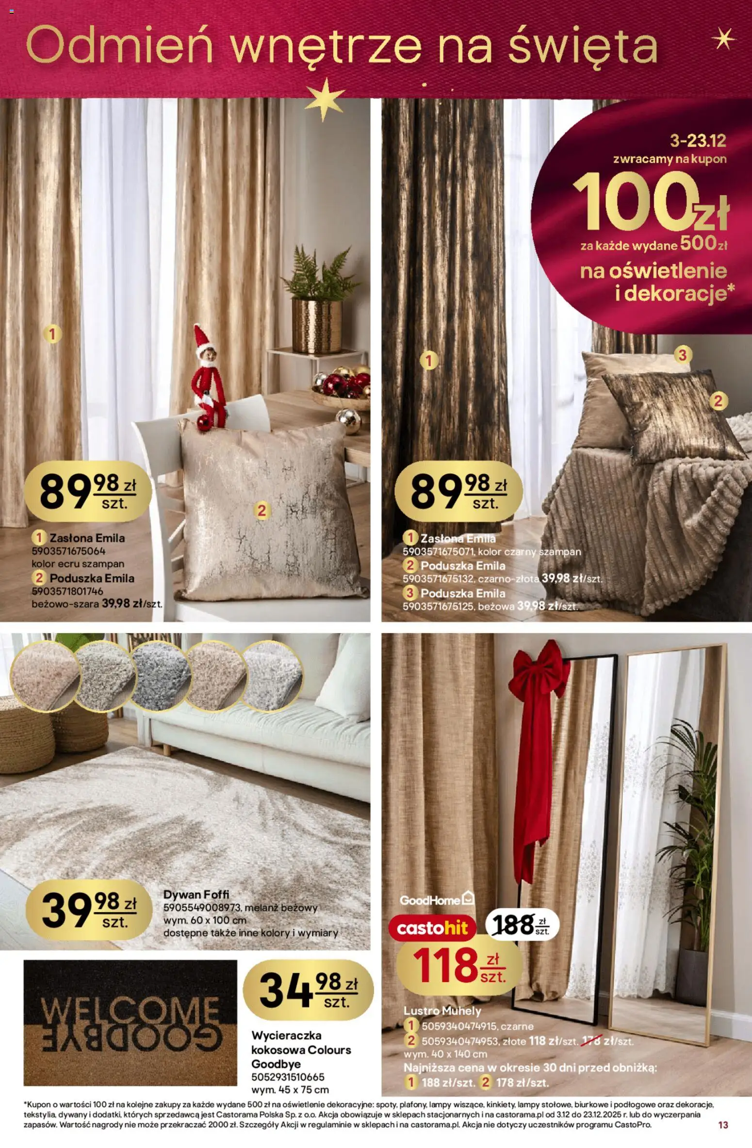 Castorama Gazetka od 03.12.2025 | Strona: 13 | Produkty: Poduszka, Lustro, Wycieraczka, Dywany