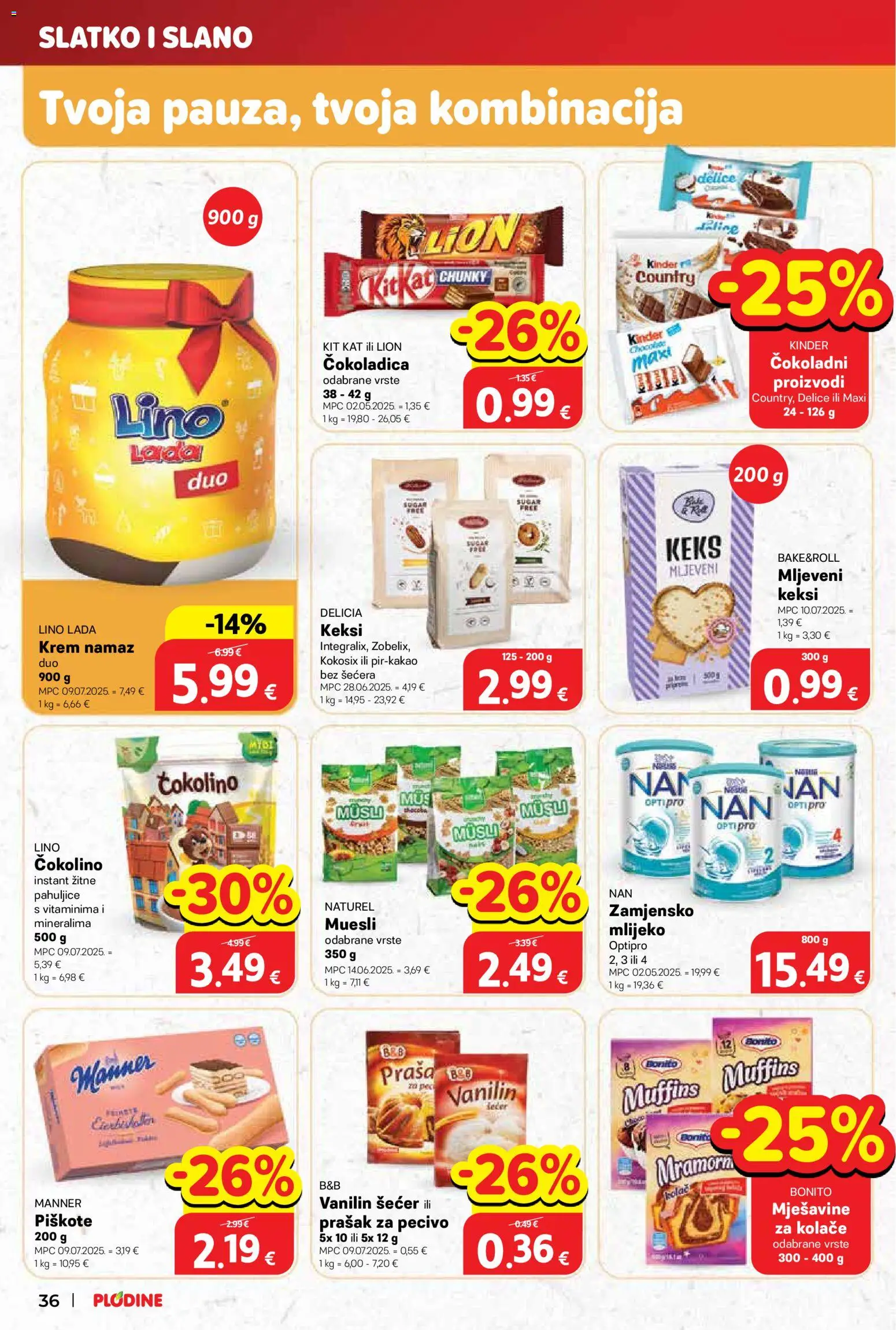 Plodine katalog | vrijedi od 26.11.2025 | Stranica: 36 | Proizvodi: Prašak za pecivo, Pecivo, Vanilin šećer, Čokolino