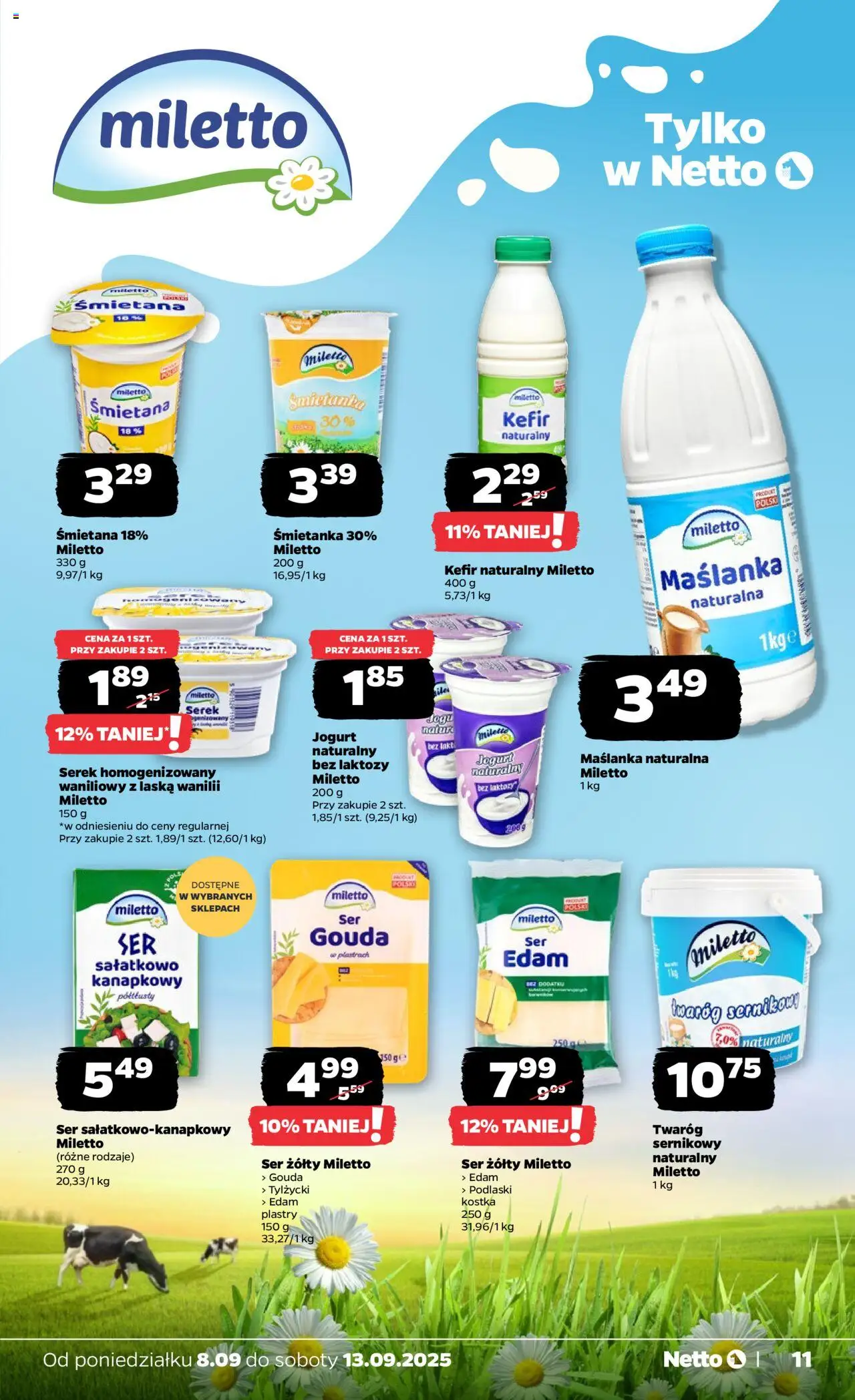 Netto gazetka - Spożywcza od 08.09.2025 | Strona: 11 | Produkty: Ser żółty, Kefir naturalny, Ser, Jogurt