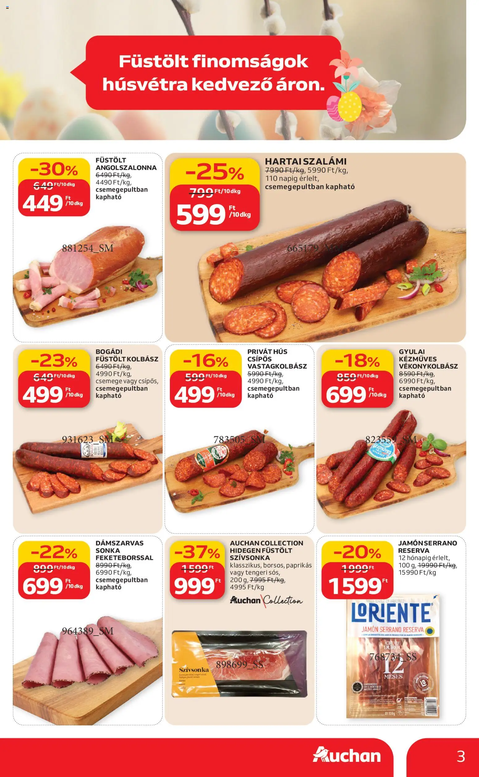 Auchan akciós ujság - amely érvényes a következő dátumtól: 19.02.2026 | Oldal: 3 | Termékek: Hús, Angolszalonna, Sonka, Vastagkolbász