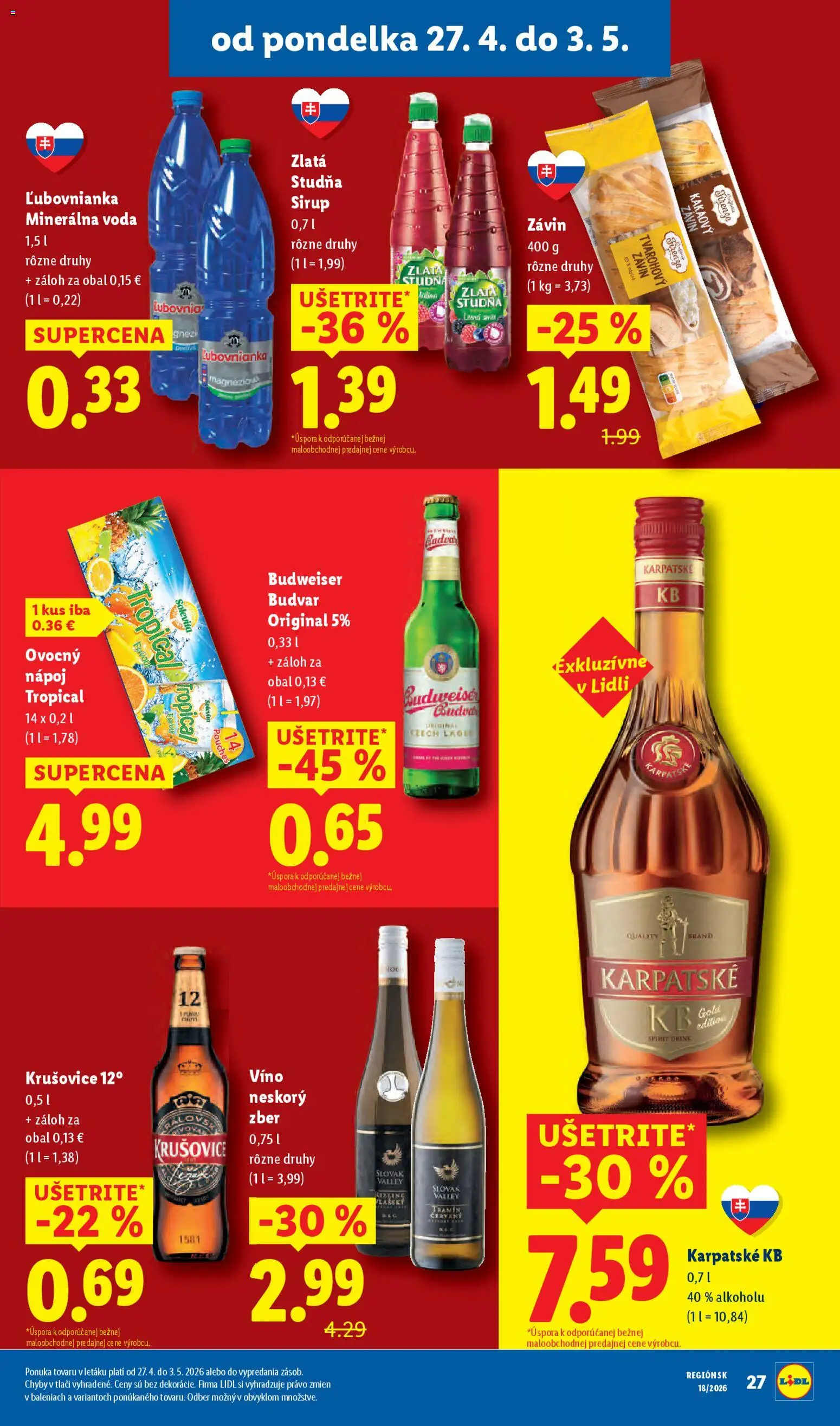 Nové Lidl akcie – leták je platný od 27.04.2026 | Strana: 29 | Produkty: Víno, Závin, Krušovice, Voda
