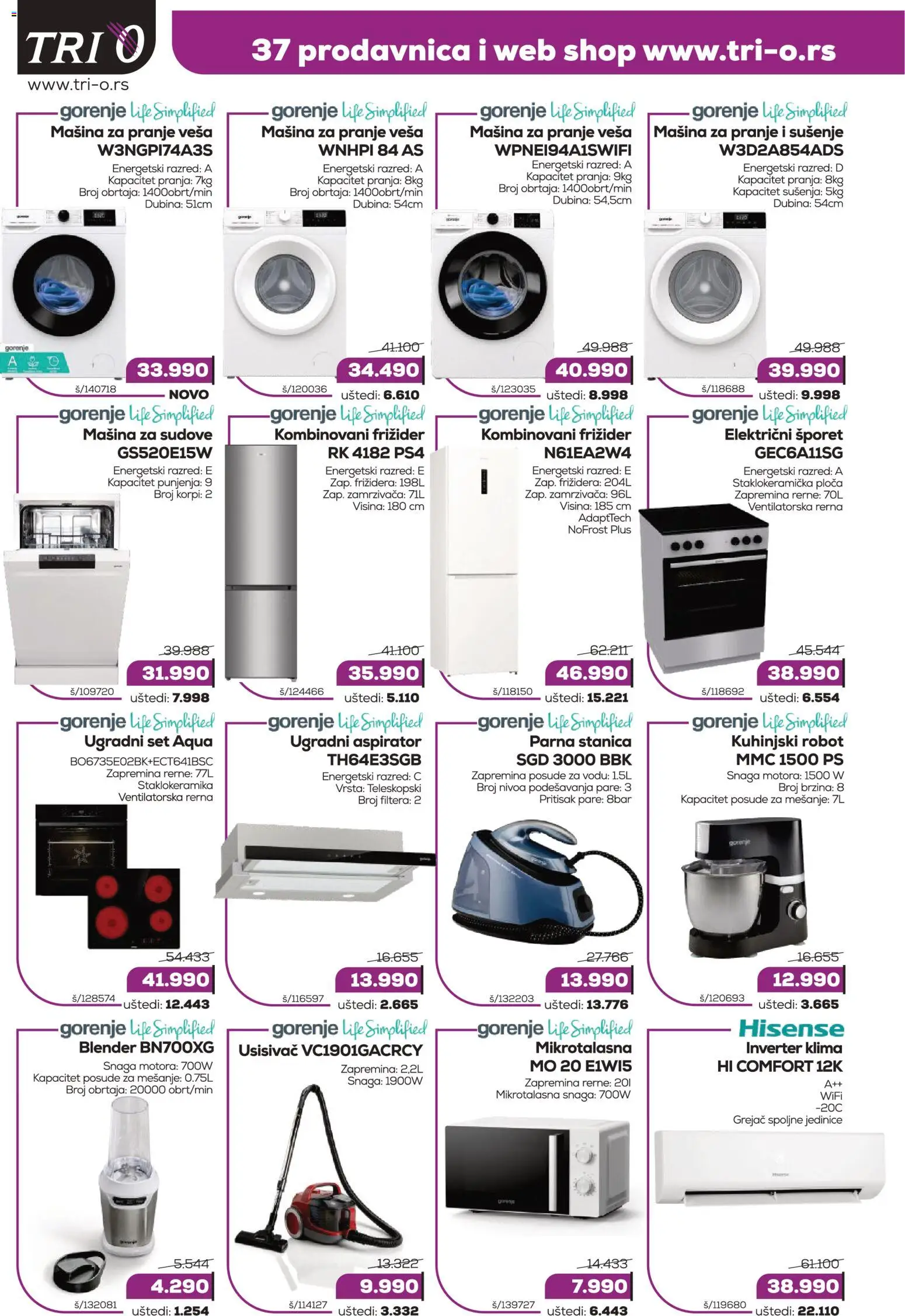 Tri O katalog - važi od 15.01.2026 | Strana: 2 | Proizvode: Mašina za pranje veša, Kombinovani frižider, Blender, Mašina za sudove