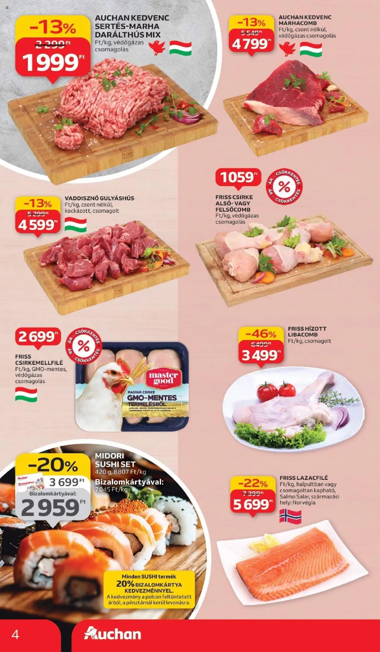 Auchan akciós ujság - amely érvényes a következő dátumtól: 11.09.2025 | Oldal: 4 | Termékek: Libacomb, Lazacfilé, Sushi, Marhacomb