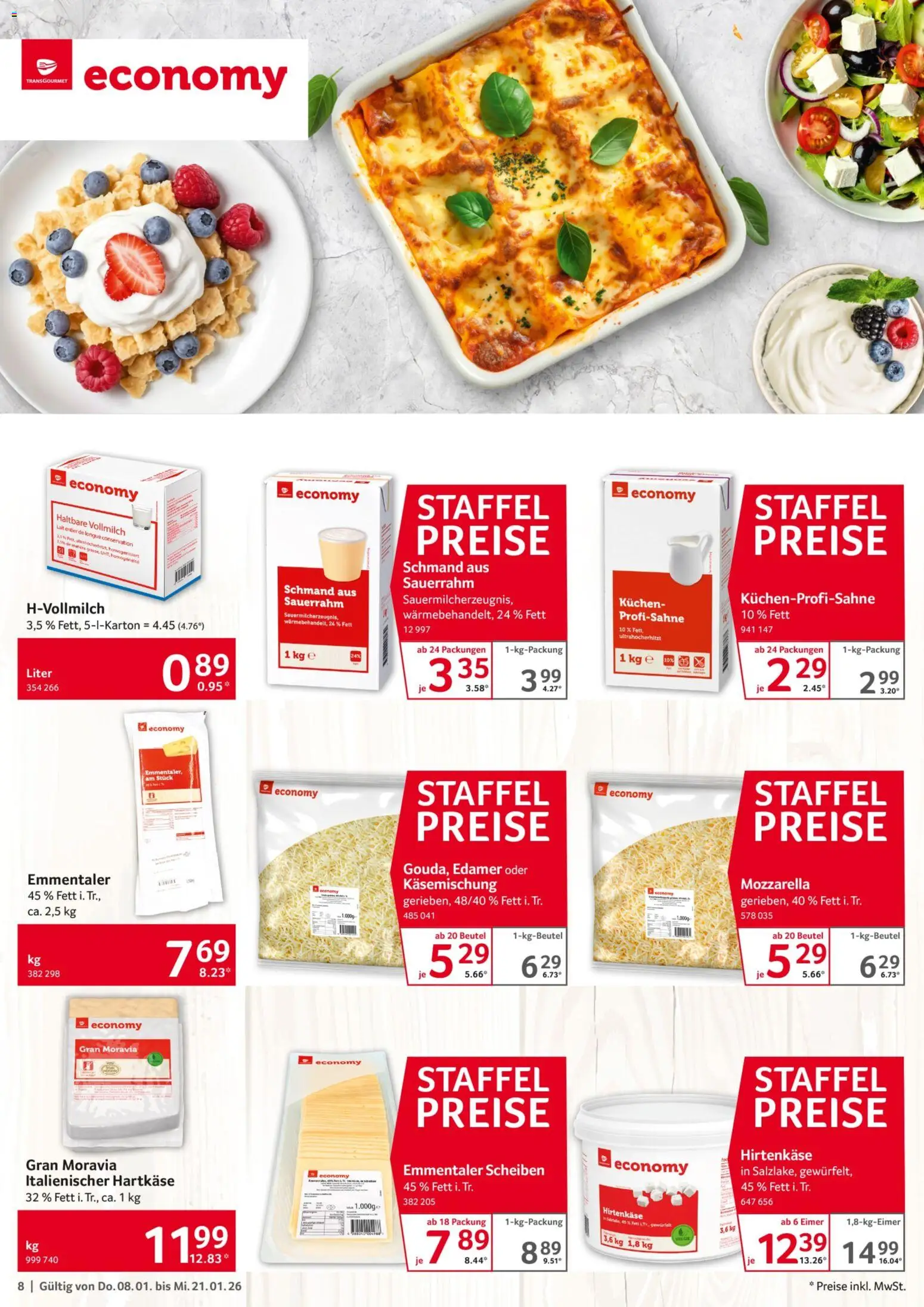 Selgros Gastronomie – gültig ab 08.01.2026 | Seite: 8 | Produkte: Mozzarella, Edamer, Sauerrahm, Kuchen