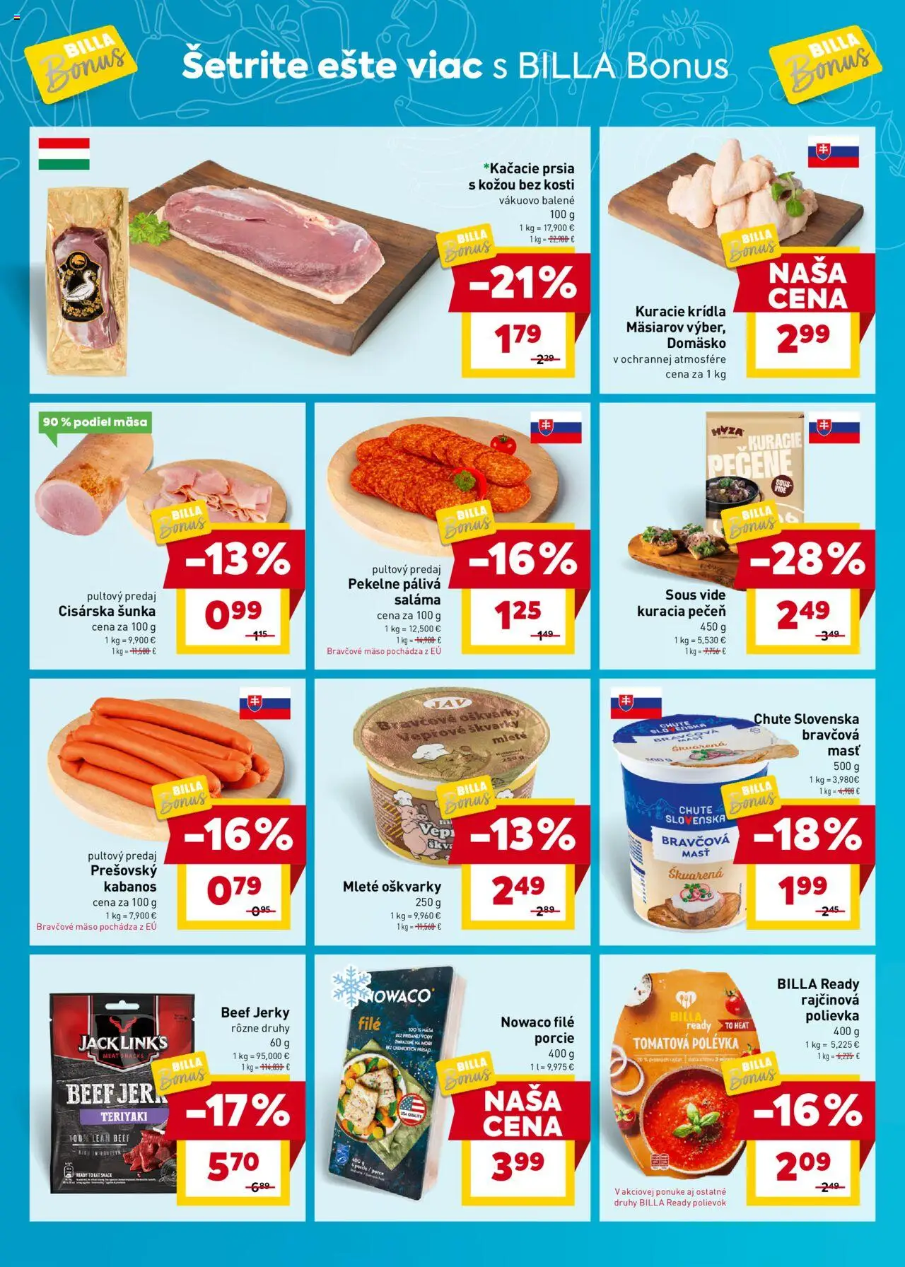 Nové Billa akcie – leták je platný od 08.10.2025 | Strana: 2 | Produkty: Saláma, Šunka, Bravčové mäso, Kuracie krídla