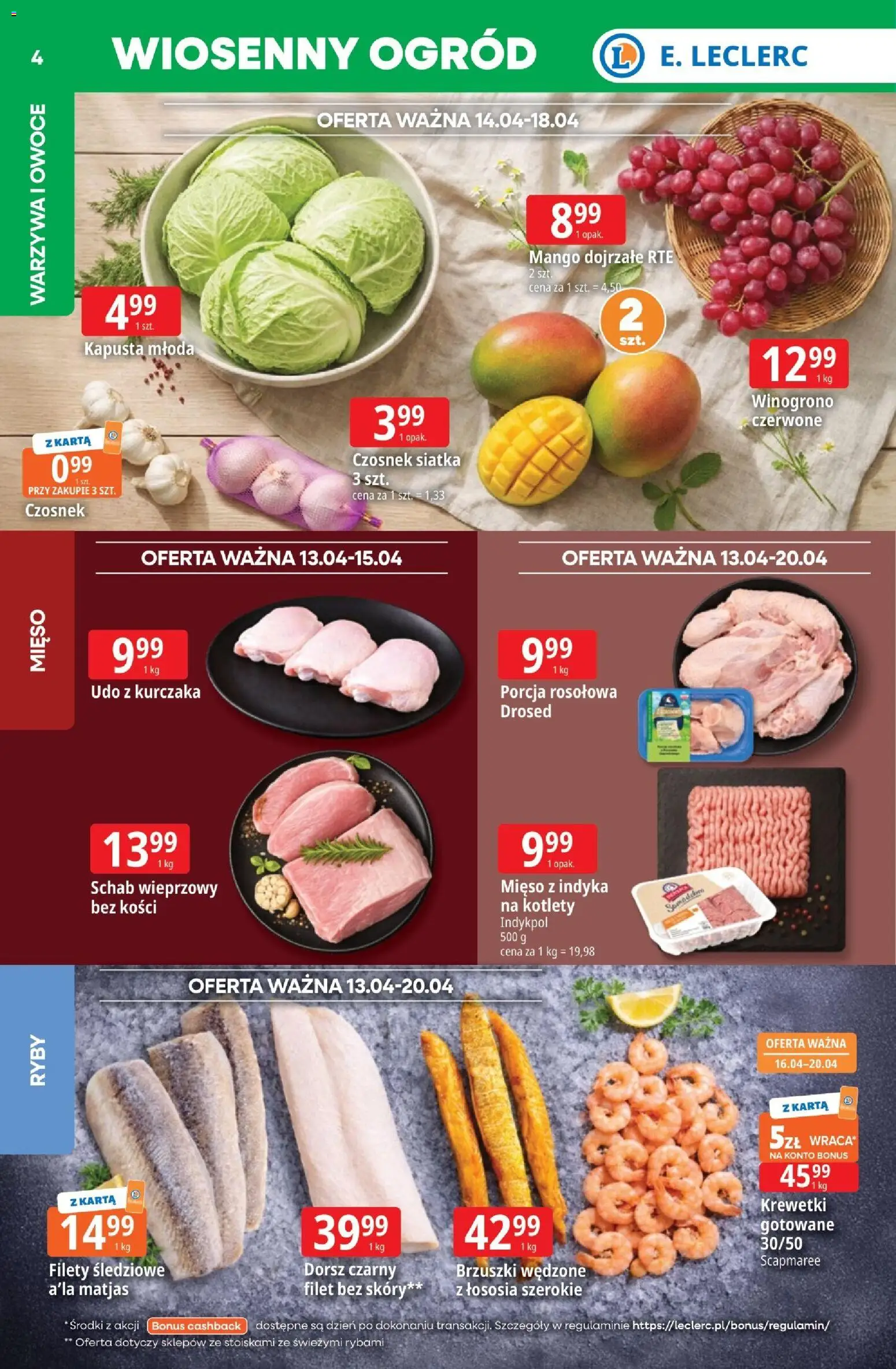 E.Leclerc gazetka - Kłodzko od 13.04.2026 | Strona: 4 | Produkty: Winogrono, Krewetki, Dorsz, Kotlety