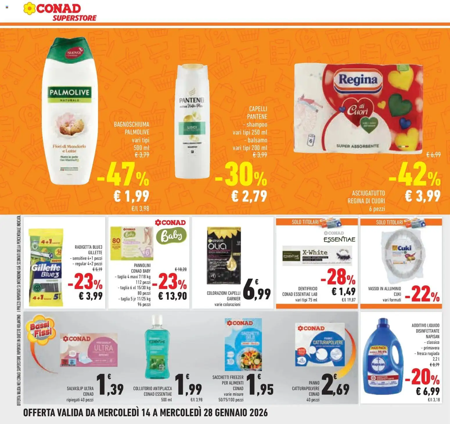 Volantino Conad del 14.01.2026 | Pagina: 28 | Prodotti: Balsamo, Bagnoschiuma, Dentifricio, Alluminio