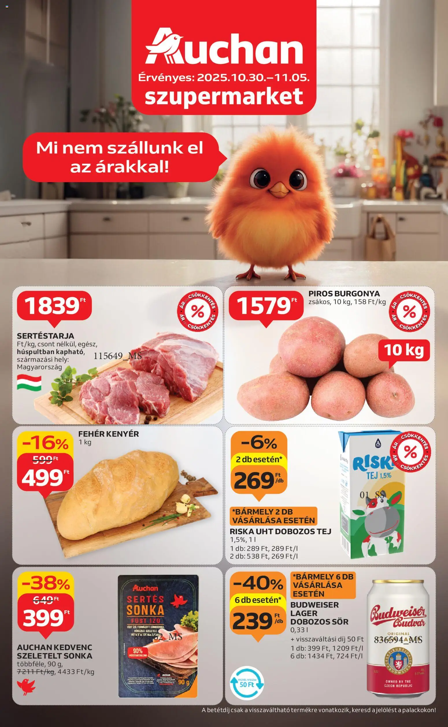 Auchan akciós ujság - amely érvényes a következő dátumtól: 30.10.2025 | Oldal: 1 | Termékek: Burgonya, Budweiser, Kenyér, Dobozos sör