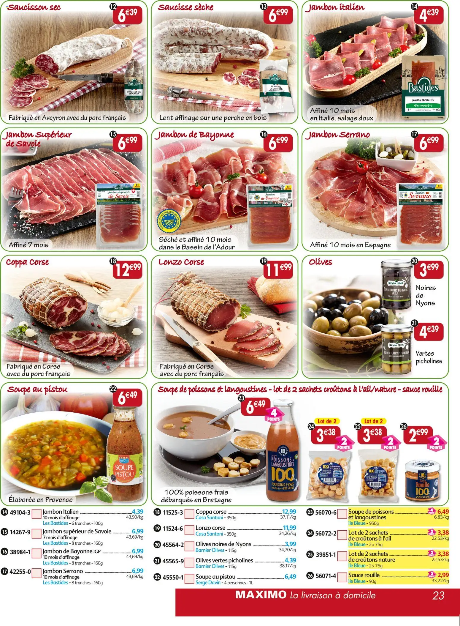 {H1} | Page: 23 | Produits: Saucisson sec, Olives, Jambon, Saucisse