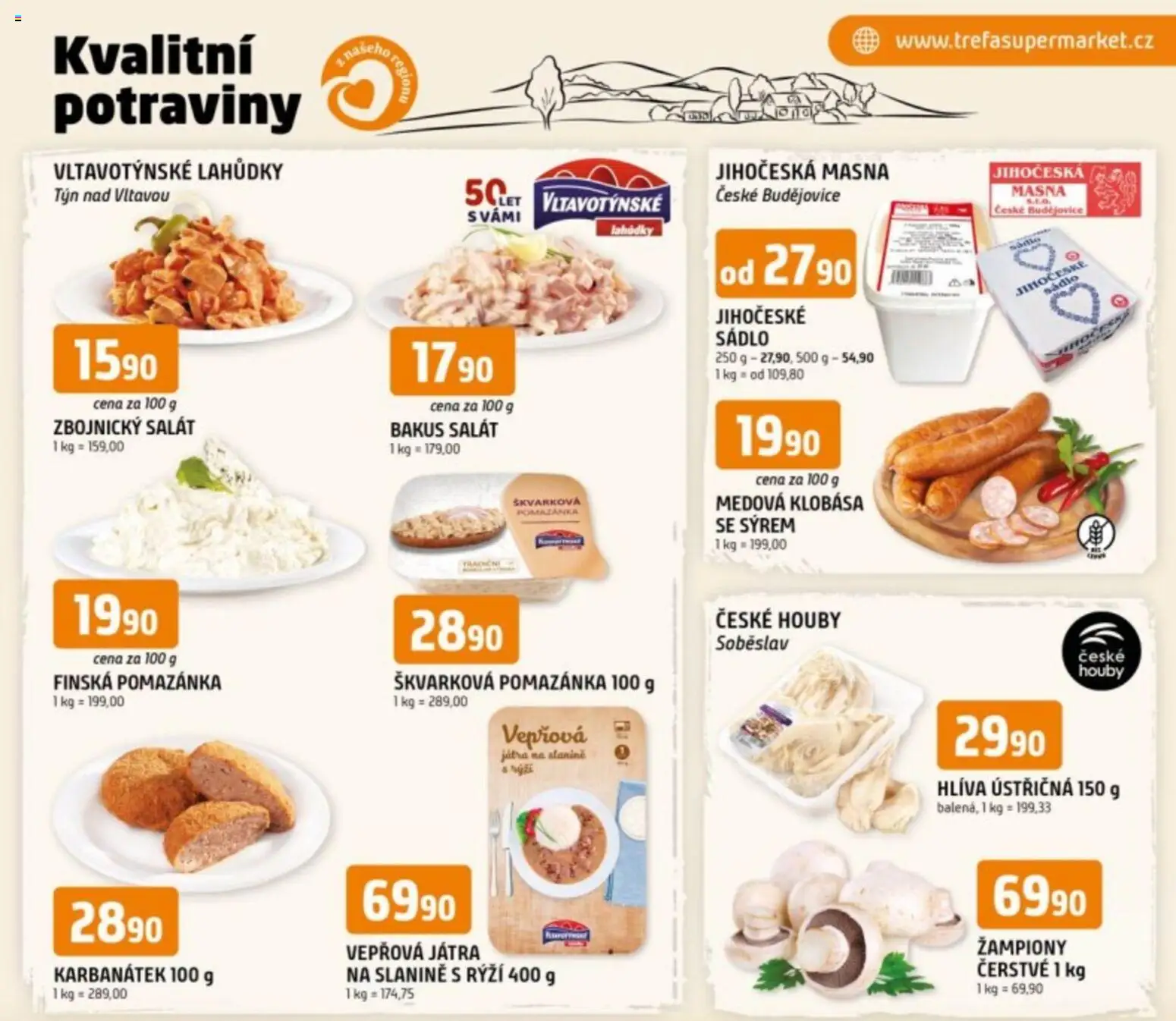 Trefa leták - Kvalitní potraviny z našeho regionu od 15.04.2026 | Strana: 1 | Produkty: Žampiony, Klobása, Vepřová játra, Pomazánka