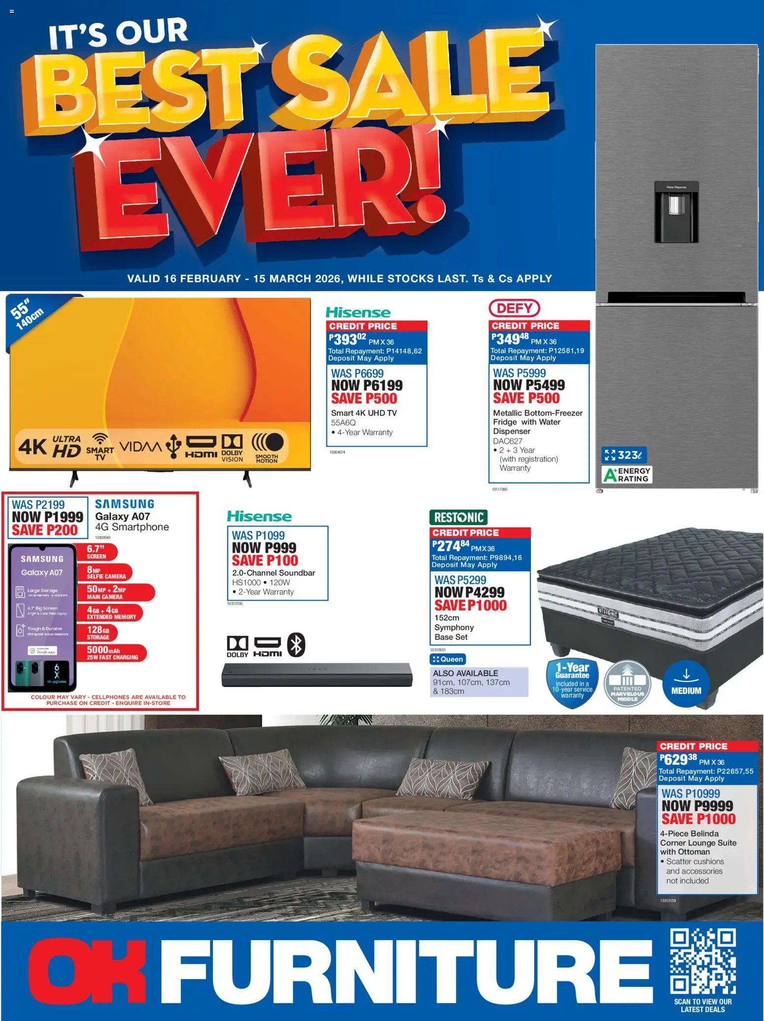 New OK Furniture catalogue – valid from 16.02.2026 | Page: 1 | Products: Smartphone, TV, Soundbar, Water