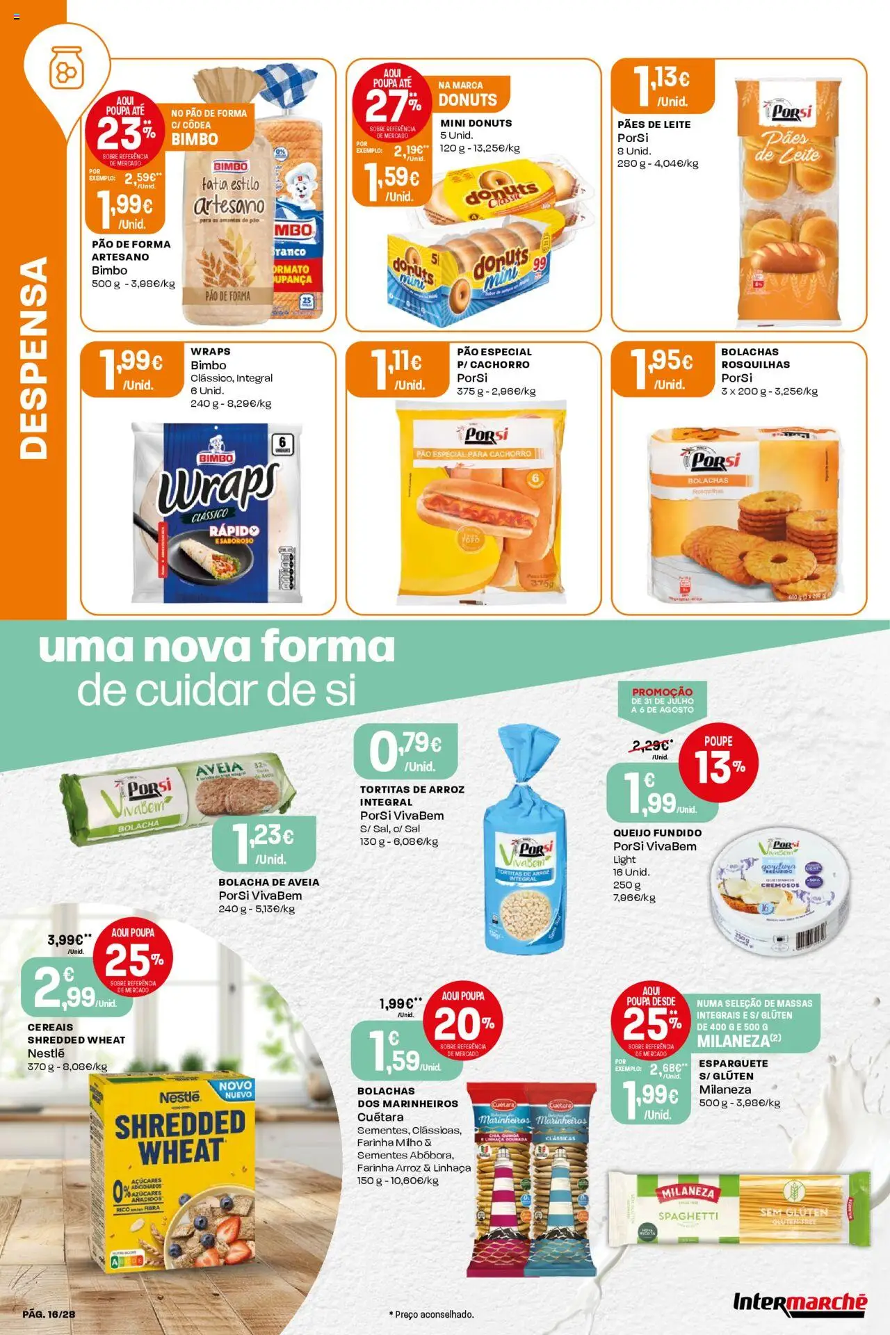 Intermarché folheto │ válido de 31.07.2025 | Página: 16 | Produtos: Esparguete, Milaneza, Bolachas, Nestlé