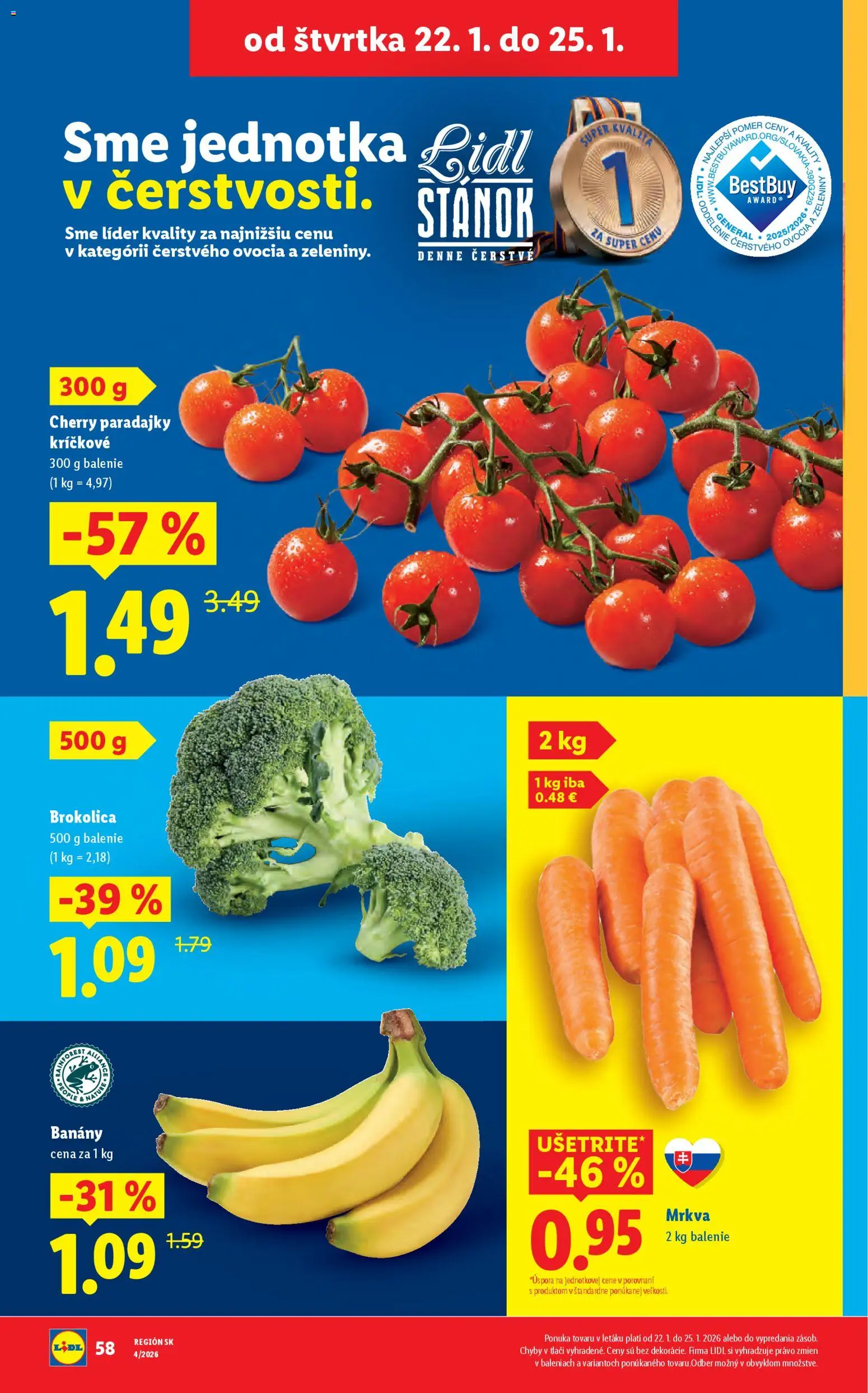 Nové Lidl akcie – leták je platný od 22.01.2026 | Strana: 4 | Produkty: Paradajky, Banány, Brokolica, Mrkva