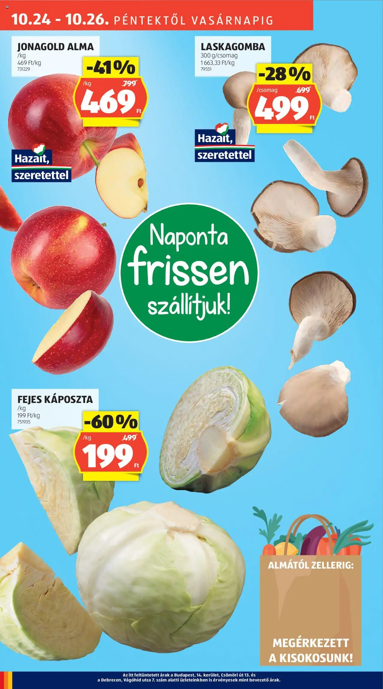 Aldi akciós ujság - amely érvényes a következő dátumtól: 24.10.2025 | Oldal: 8 | Termékek: Káposzta, Fejes káposzta, Laskagomba, Alma
