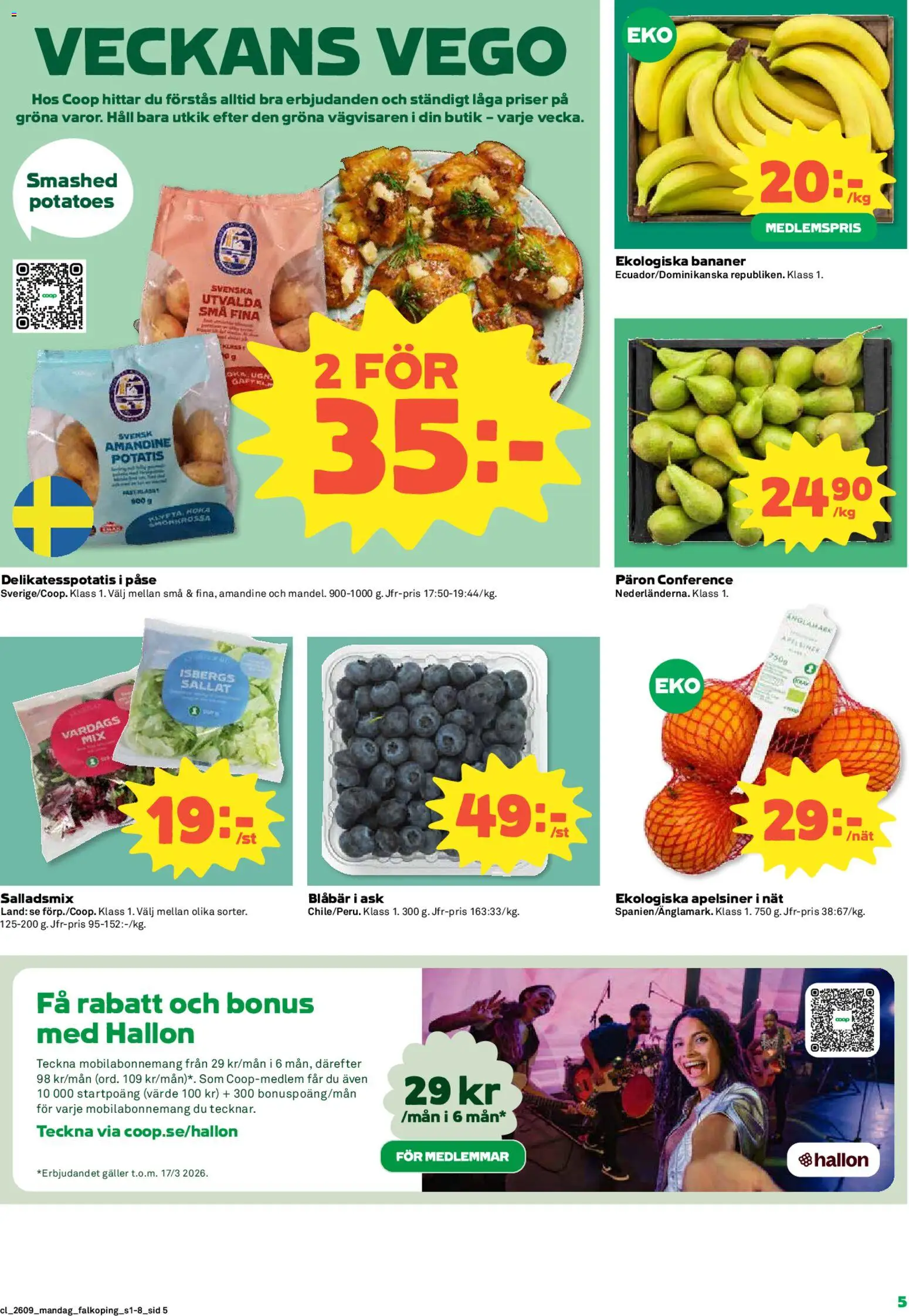 Coop reklamblad aktuell från 23.02.2026 | Sida: 5 | Produkter: Apelsiner, Potatis, Hallon, Blåbär