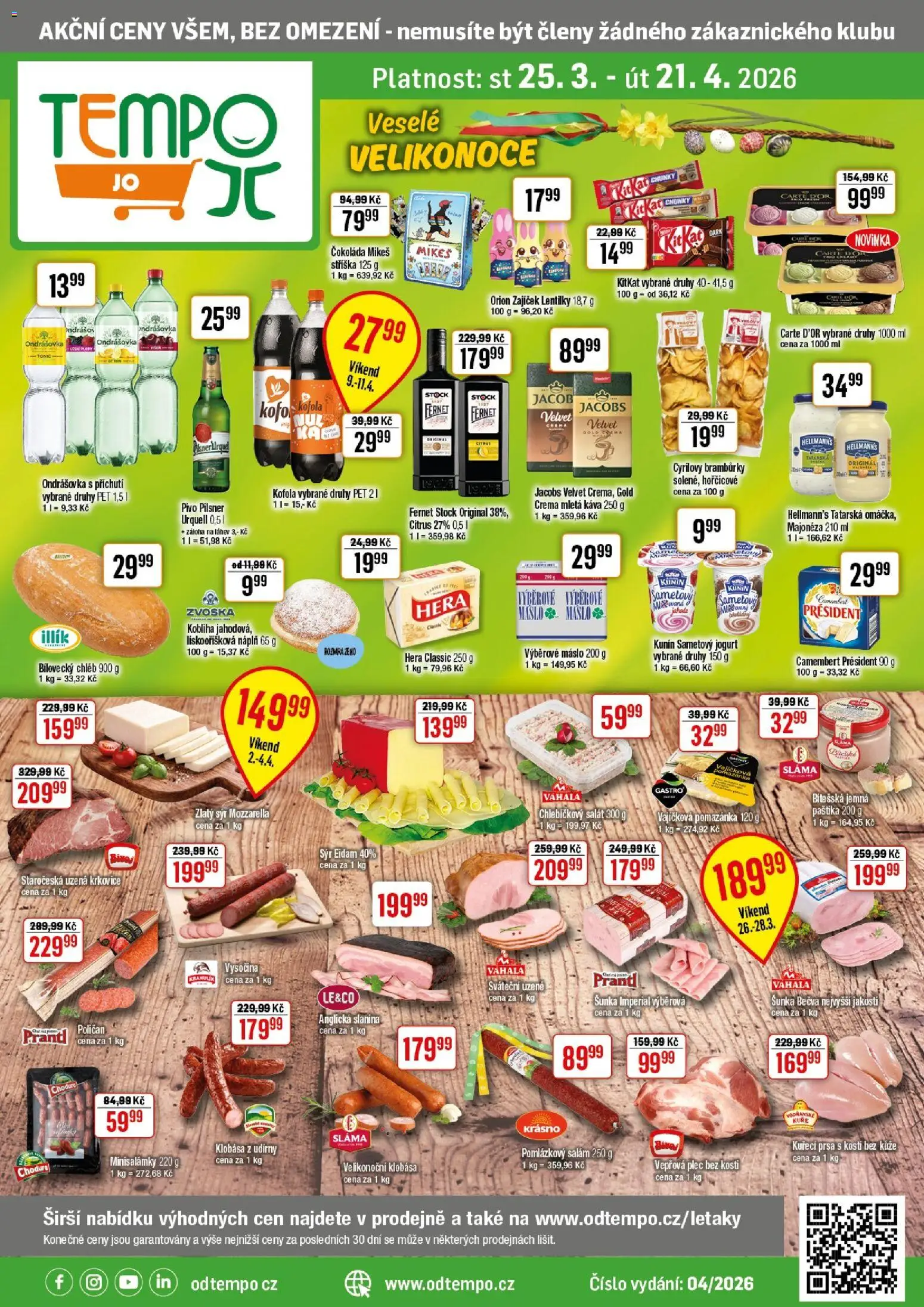 Tempo leták - JO od 25.03.2026 | Strana: 1 | Produkty: Čokoláda, Majonéza, Vepřová plec, Mletá káva