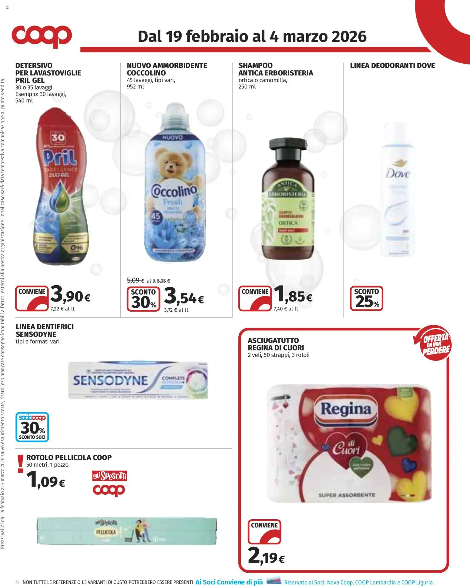 Volantino COOP del 19.02.2026 | Pagina: 8 | Prodotti: Shampoo, Ammorbidente, Lavastoviglie, Data