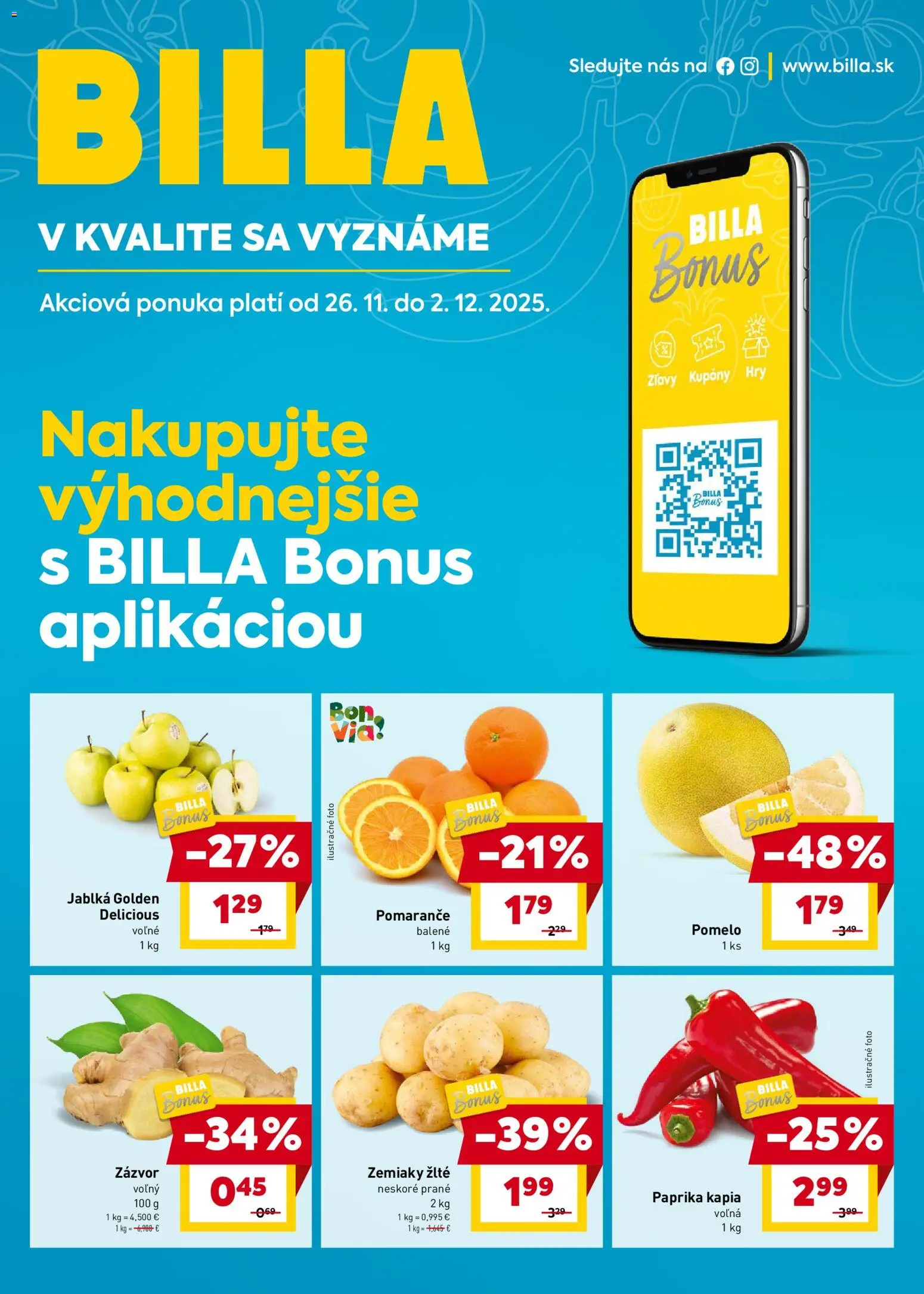 Nové Billa akcie – leták je platný od 26.11.2025 | Strana: 1 | Produkty: Jablká, Pomaranče, Zemiaky, Pomelo