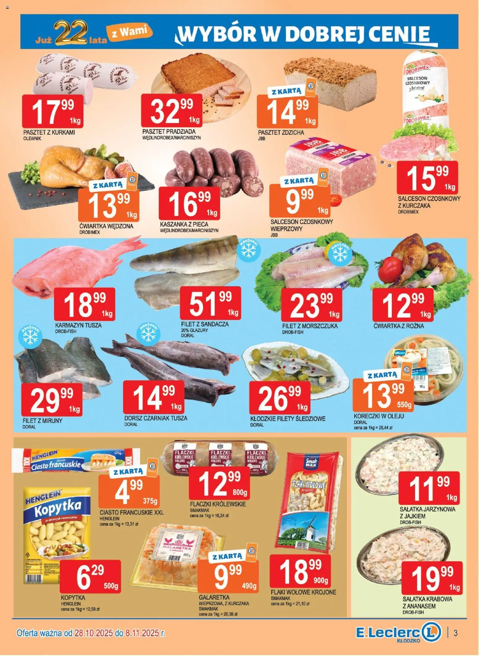 E.Leclerc Gazetka - Kłodzko od 28.10.2025 | Strona: 3 | Produkty: Ciasto francuskie XXL, Kaszanka, Kopytka, Sałatka