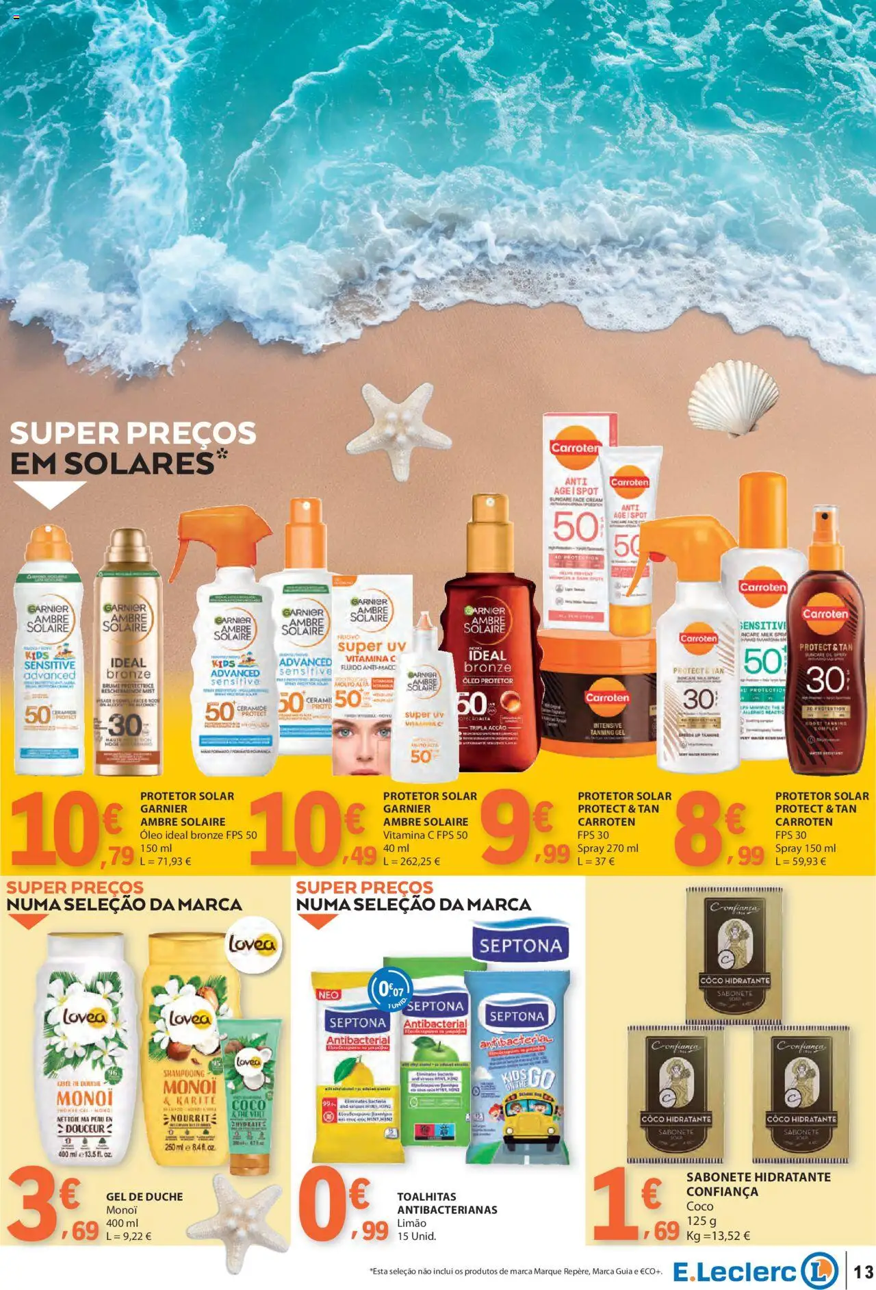 E.Leclerc - Folheto Especial Praia │ válido de 10.06.2025 | Página: 13 | Produtos: Protetor solar, Sabonete, Óleo, Vitamina c
