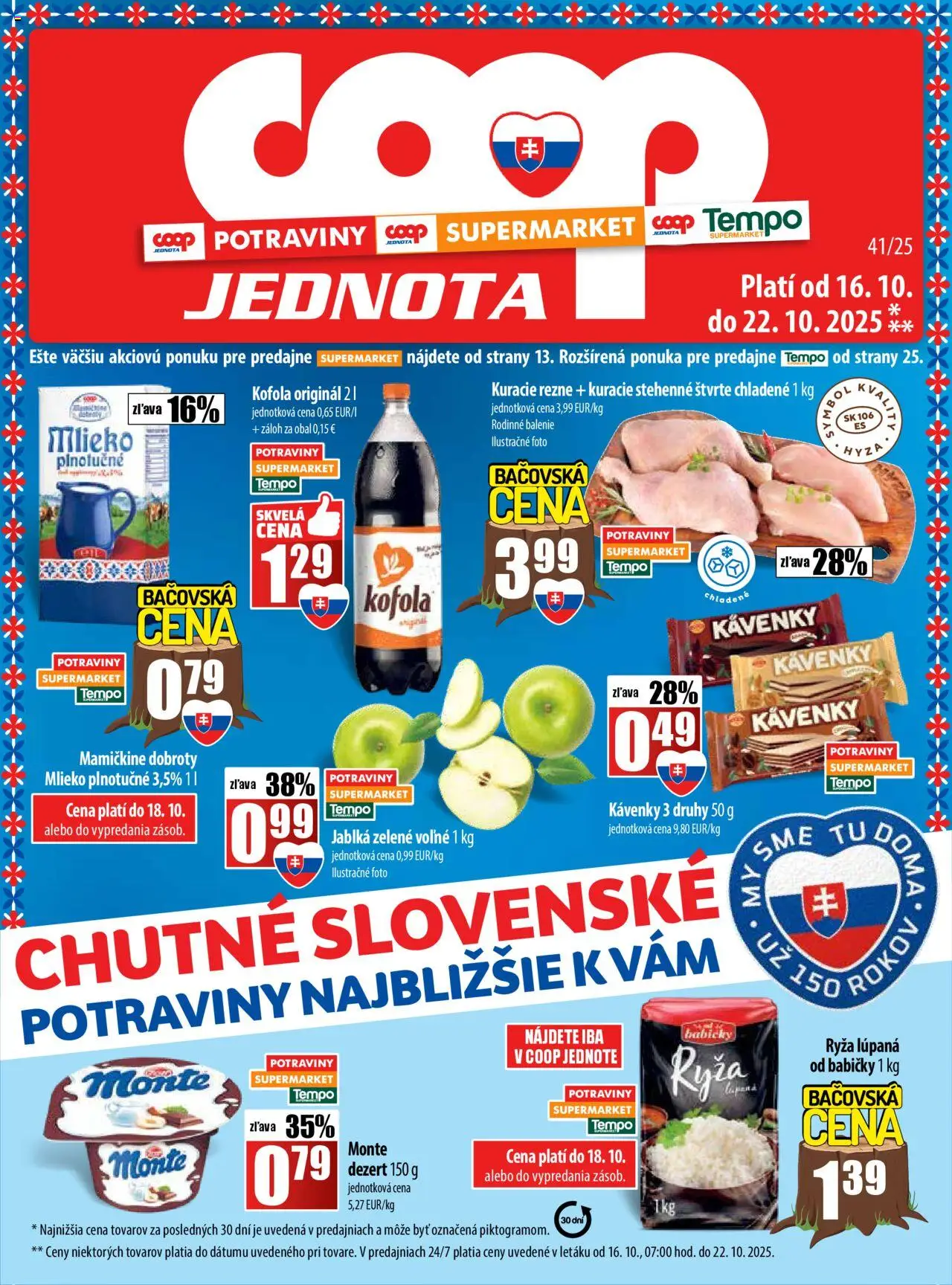 Nové COOP Jednota akcie – leták je platný od 16.10.2025 | Strana: 1 | Produkty: Mlieko, Ryža, Kofola, Kuracie rezne
