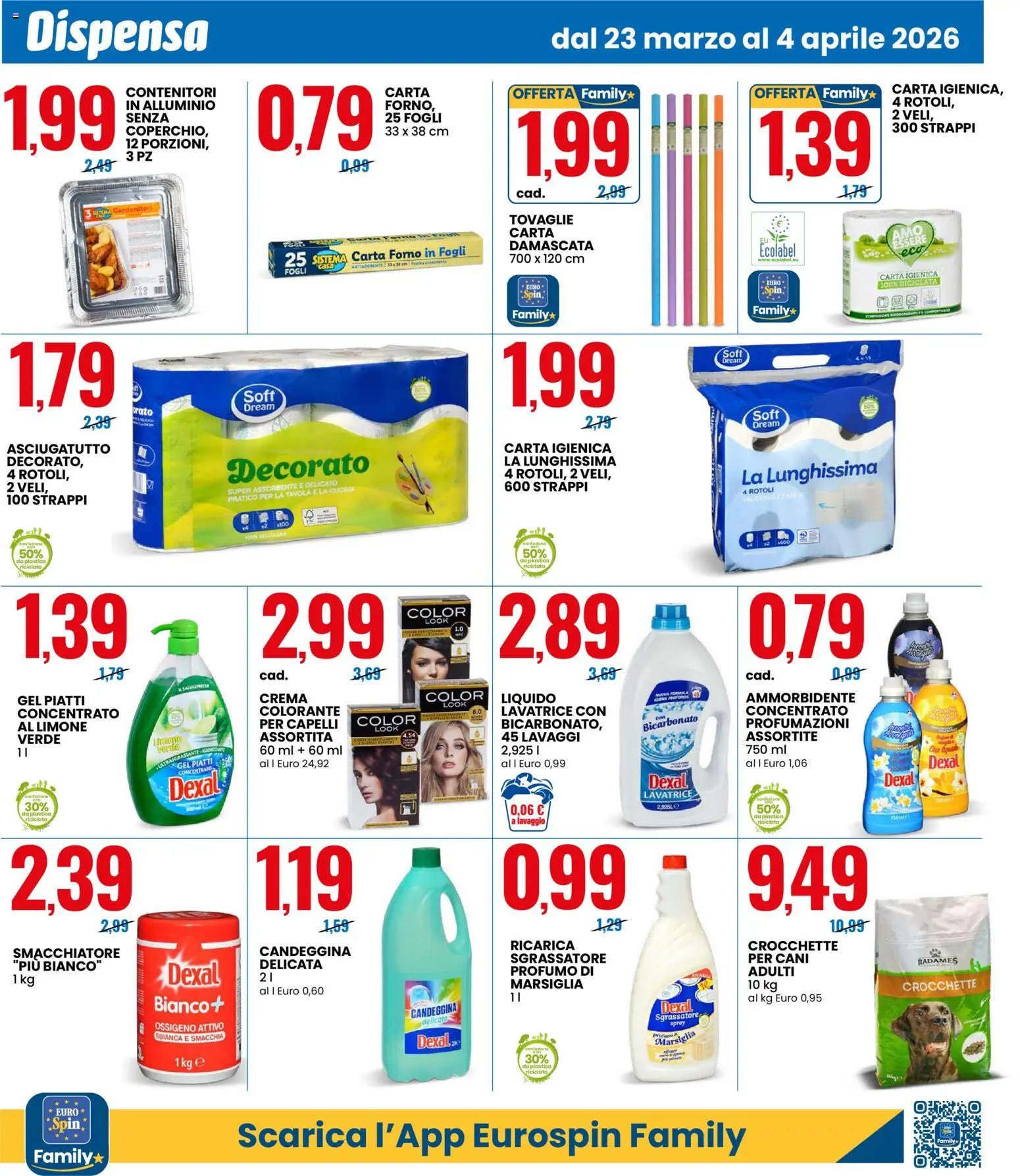 Volantino Eurospin del 23.03.2026 | Pagina: 12 | Prodotti: Crema, Carta igienica, Crocchette, Profumo