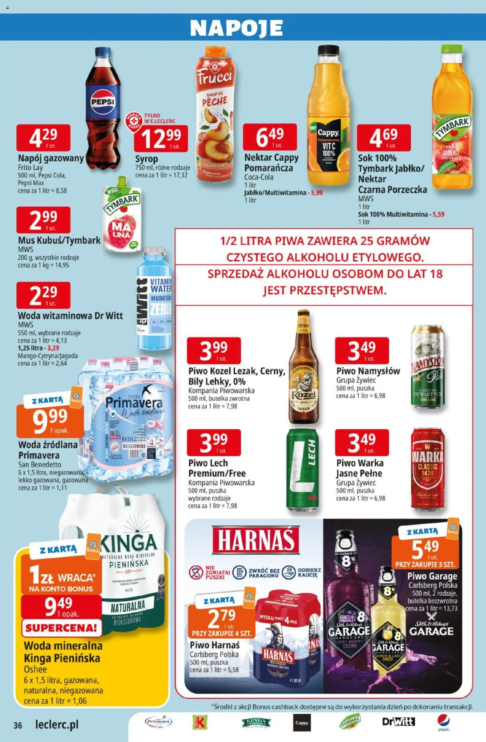 E.Leclerc gazetka od 10.03.2026 | Strona: 36 | Produkty: Piwo Warka, Sok, Piwo kozel, Woda